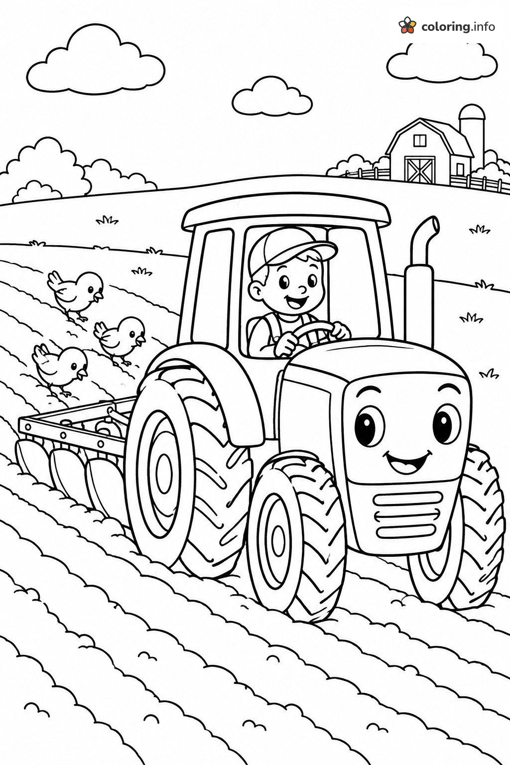 Boy Plowing a Field on a Grinning Tractor With Chicks coloring page Boy Plowing a Field on a Grinning Tractor With Chicks coloring page