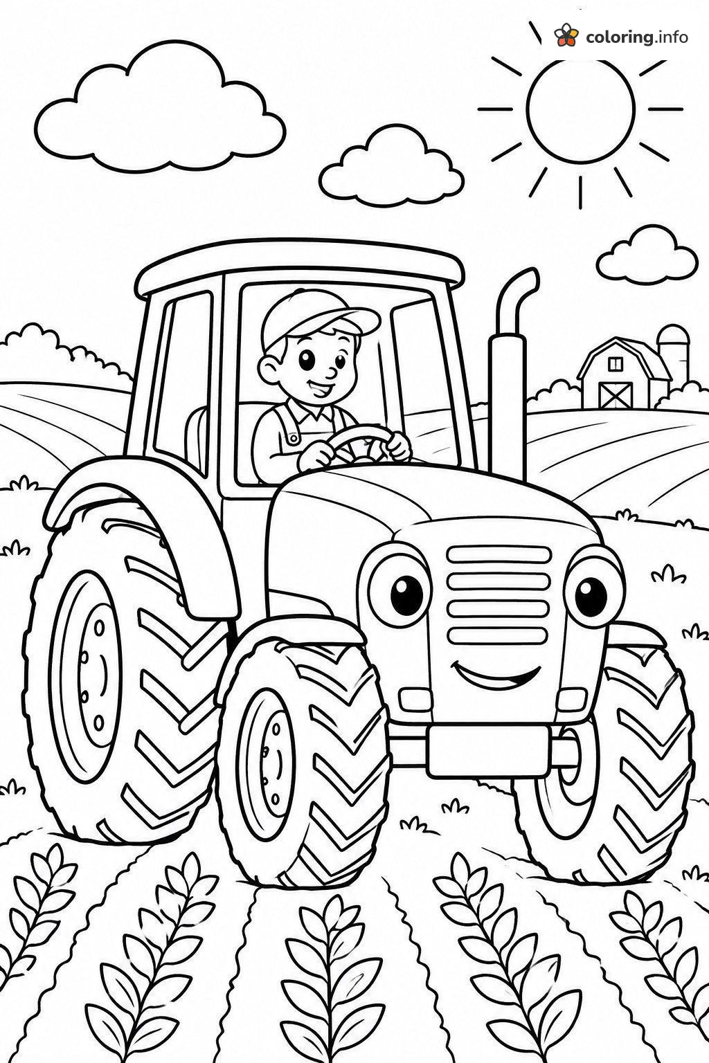 Farmer Boy on a Tractor in the Crop Field coloring page Farmer Boy on a Tractor in the Crop Field coloring page