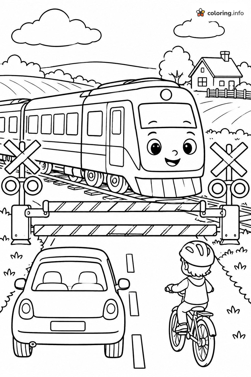 Railroad Crossing Safety Page: Train, Car and Cyclist Waiting coloring sheet Railroad Crossing Safety Page: Train, Car and Cyclist Waiting coloring sheet