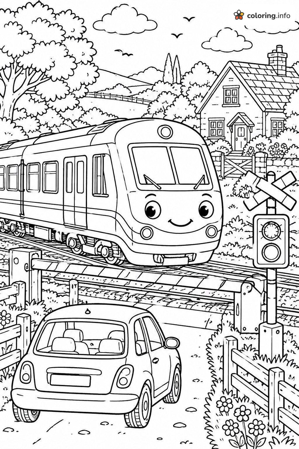 Train and Car at the Railway Crossing coloring page Train and Car at the Railway Crossing coloring page