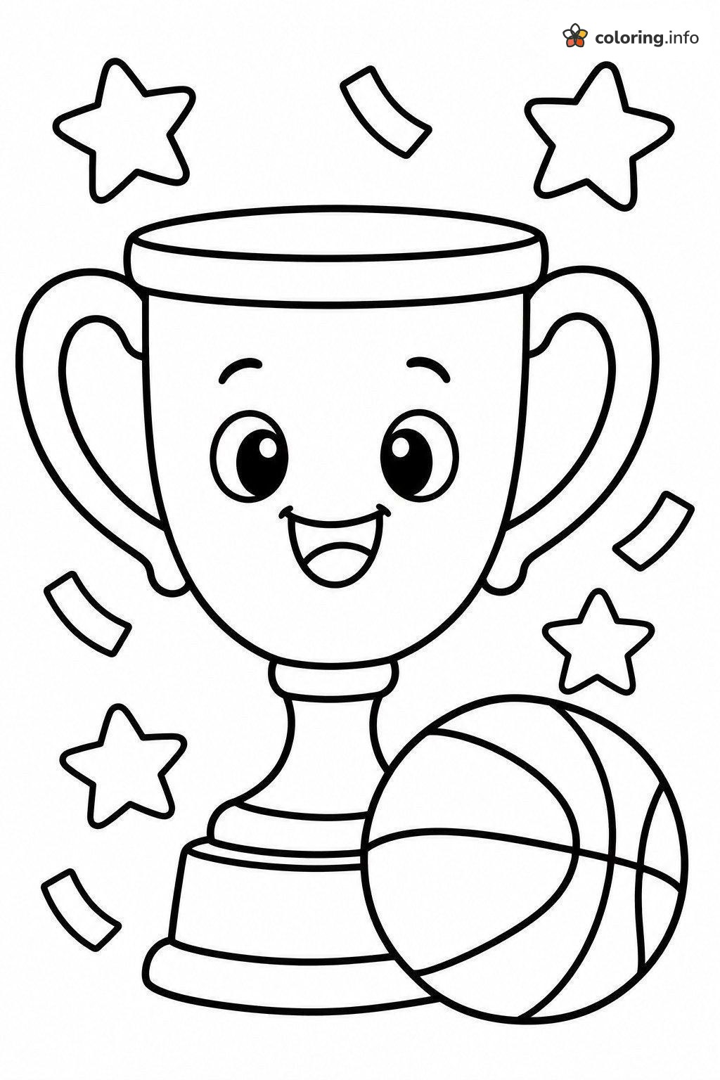 Trophy Cup Smiling Beside a Basketball and Stars printable coloring page Trophy Cup Smiling Beside a Basketball and Stars printable coloring page