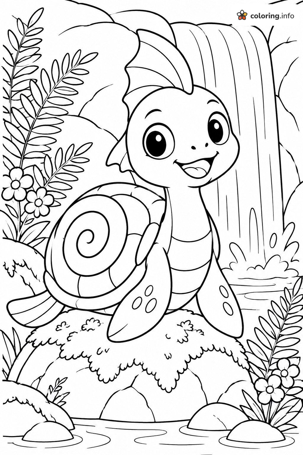 Grinning Squirtle on a Mossy Rock by the Waterfall coloring page Grinning Squirtle on a Mossy Rock by the Waterfall coloring page