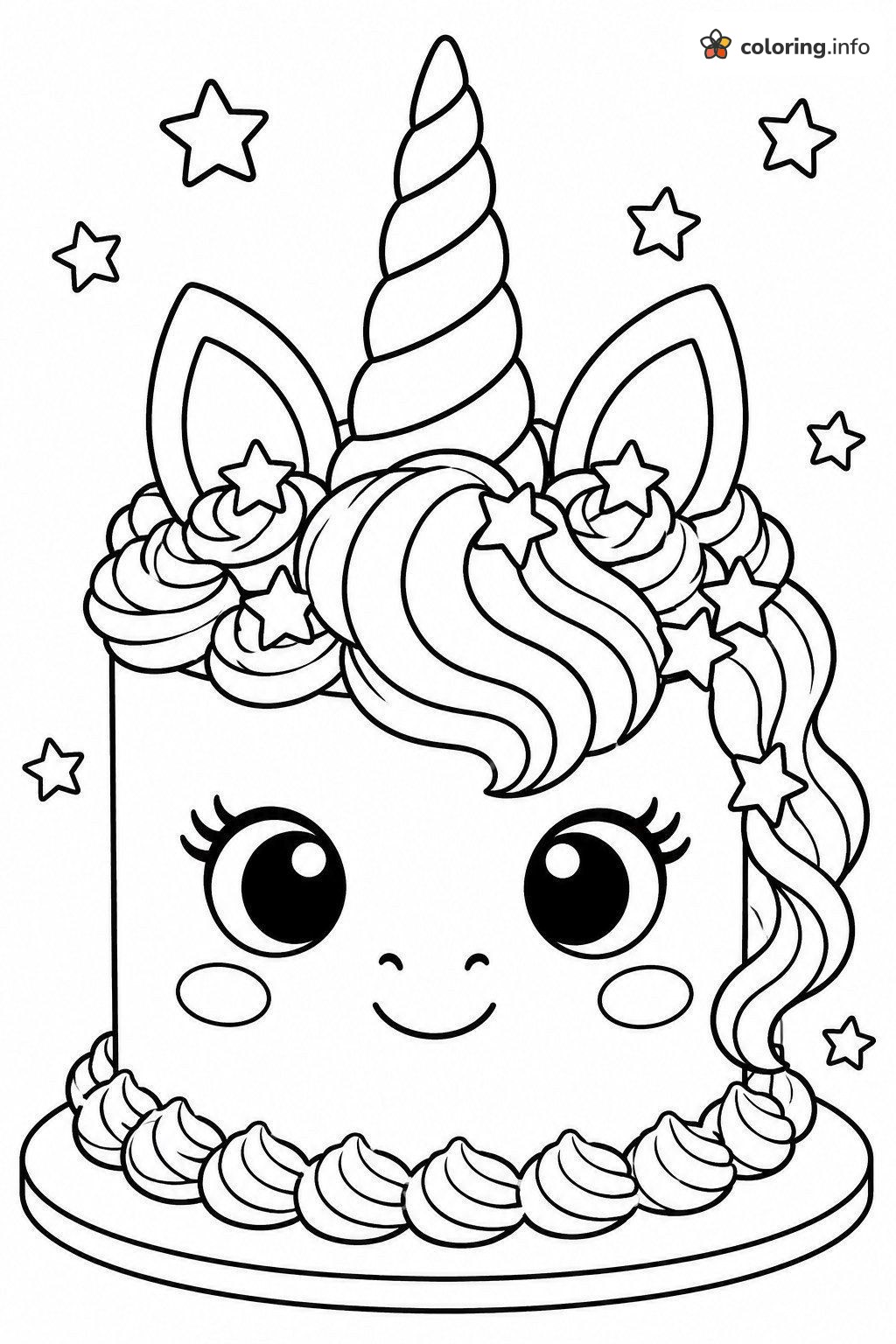 Unicorn Cake with Stars and a Swirly Mane printable coloring page Unicorn Cake with Stars and a Swirly Mane printable coloring page
