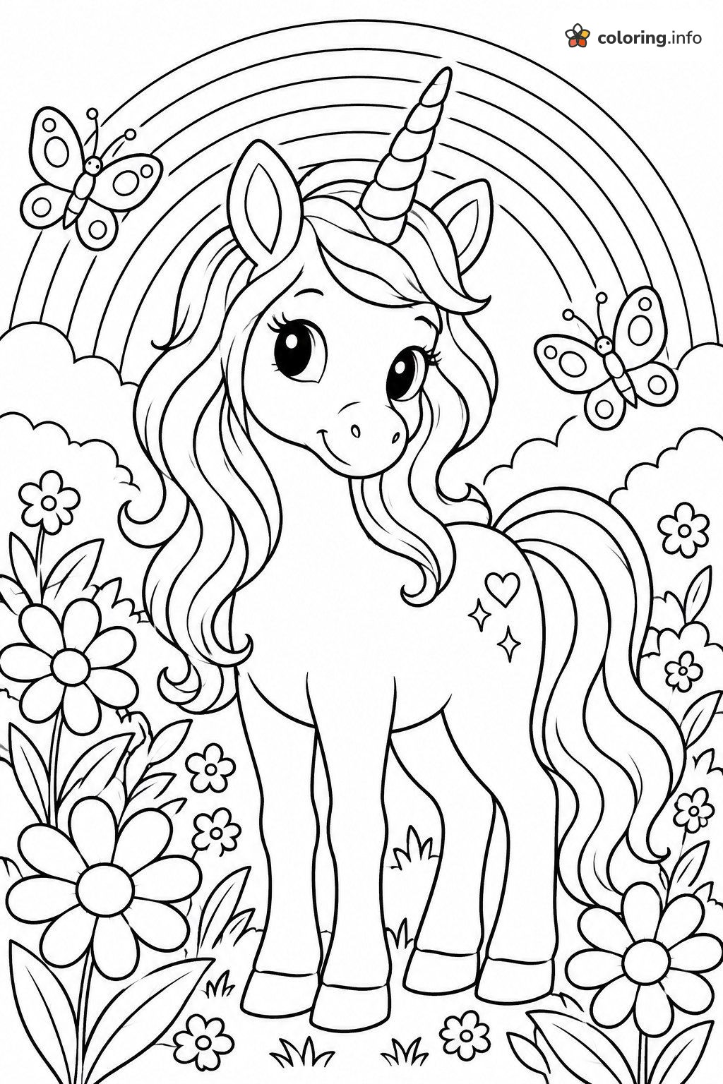 Unicorn Horse with Rainbow and Butterflies in a Garden coloring page Unicorn Horse with Rainbow and Butterflies in a Garden coloring page