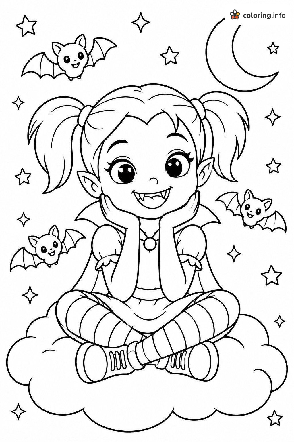 Cloud-Sitting Vampire Girl With Three Bats coloring page Cloud-Sitting Vampire Girl With Three Bats coloring page