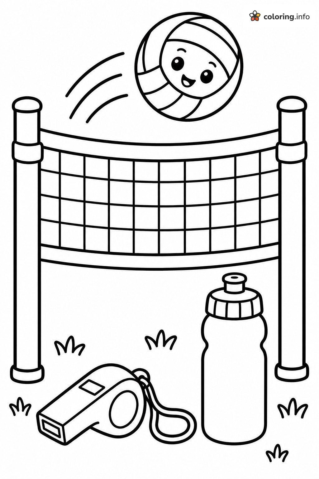 Happy Flying Volleyball with Whistle and Water Bottle printable coloring page Happy Flying Volleyball with Whistle and Water Bottle printable coloring page