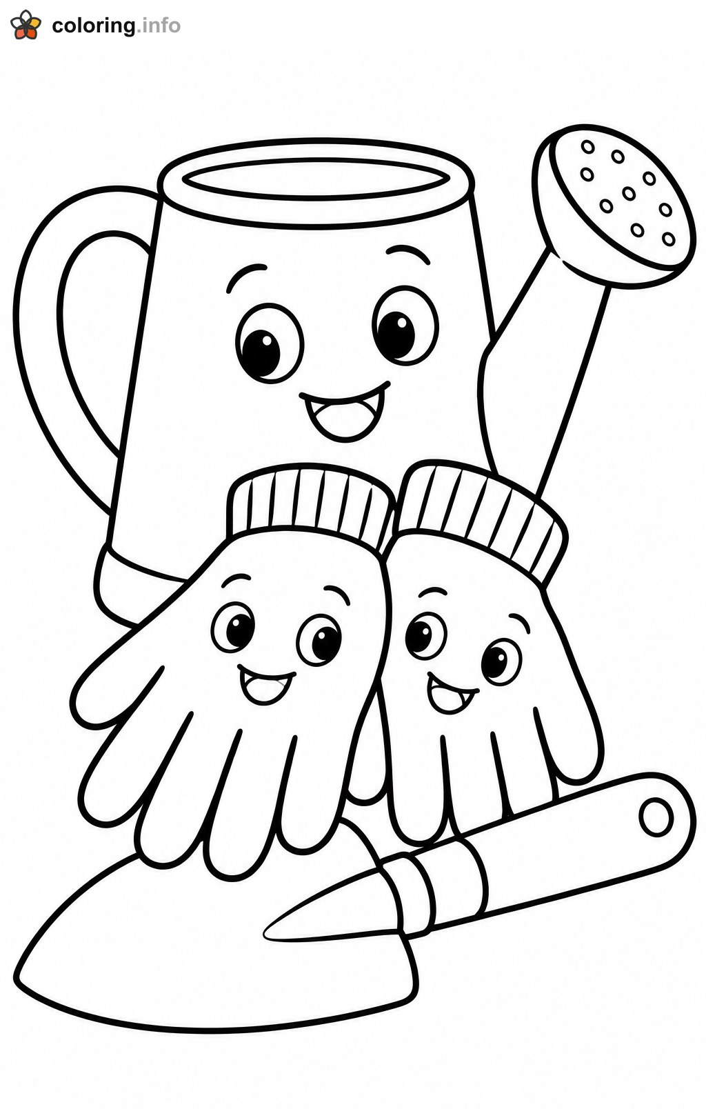 Smiling Watering Can, Garden Gloves and Trowel coloring page Smiling Watering Can, Garden Gloves and Trowel coloring page