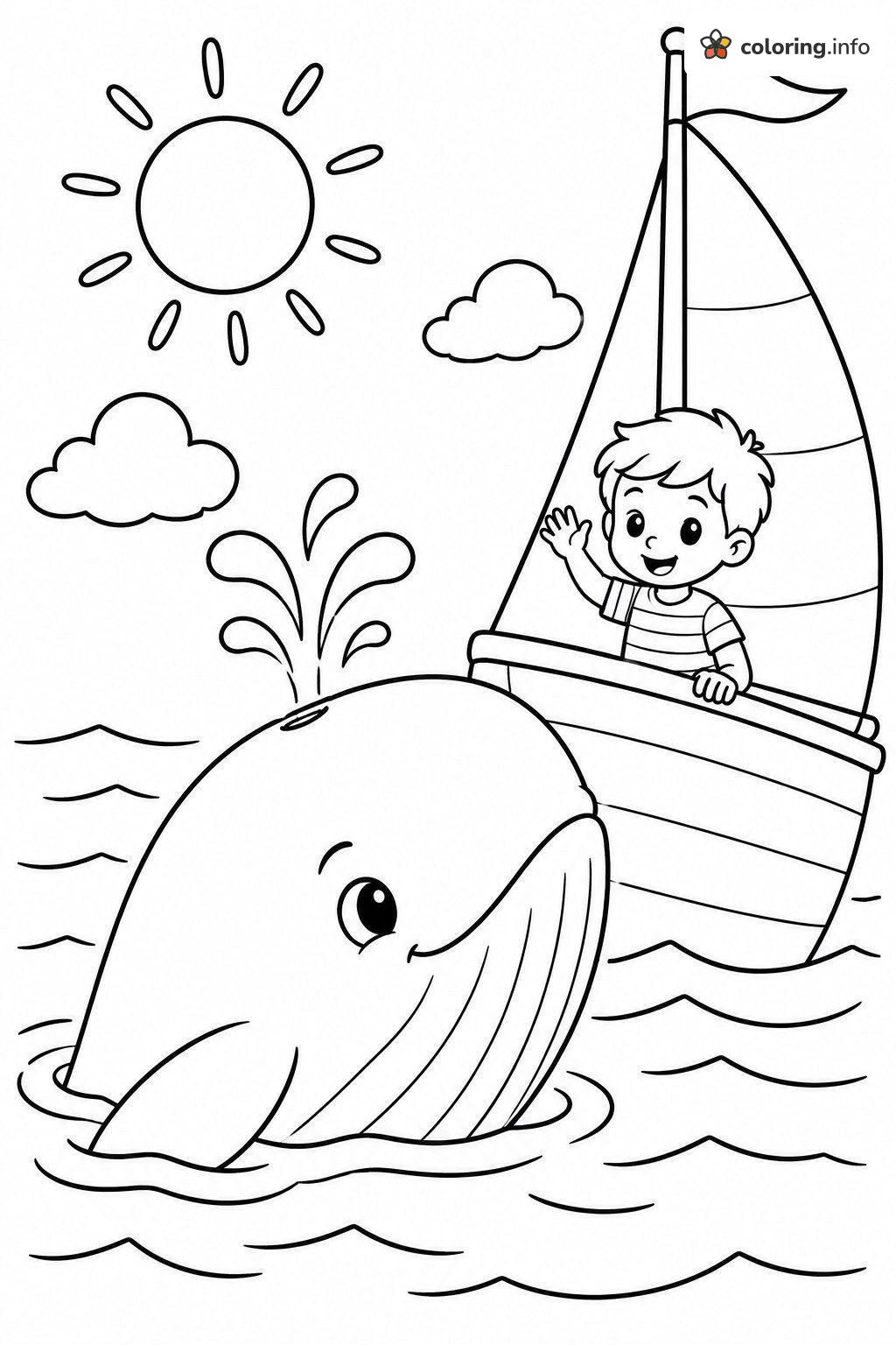 Boy on a Sailboat Waving at a Friendly Whale coloring page Boy on a Sailboat Waving at a Friendly Whale coloring page