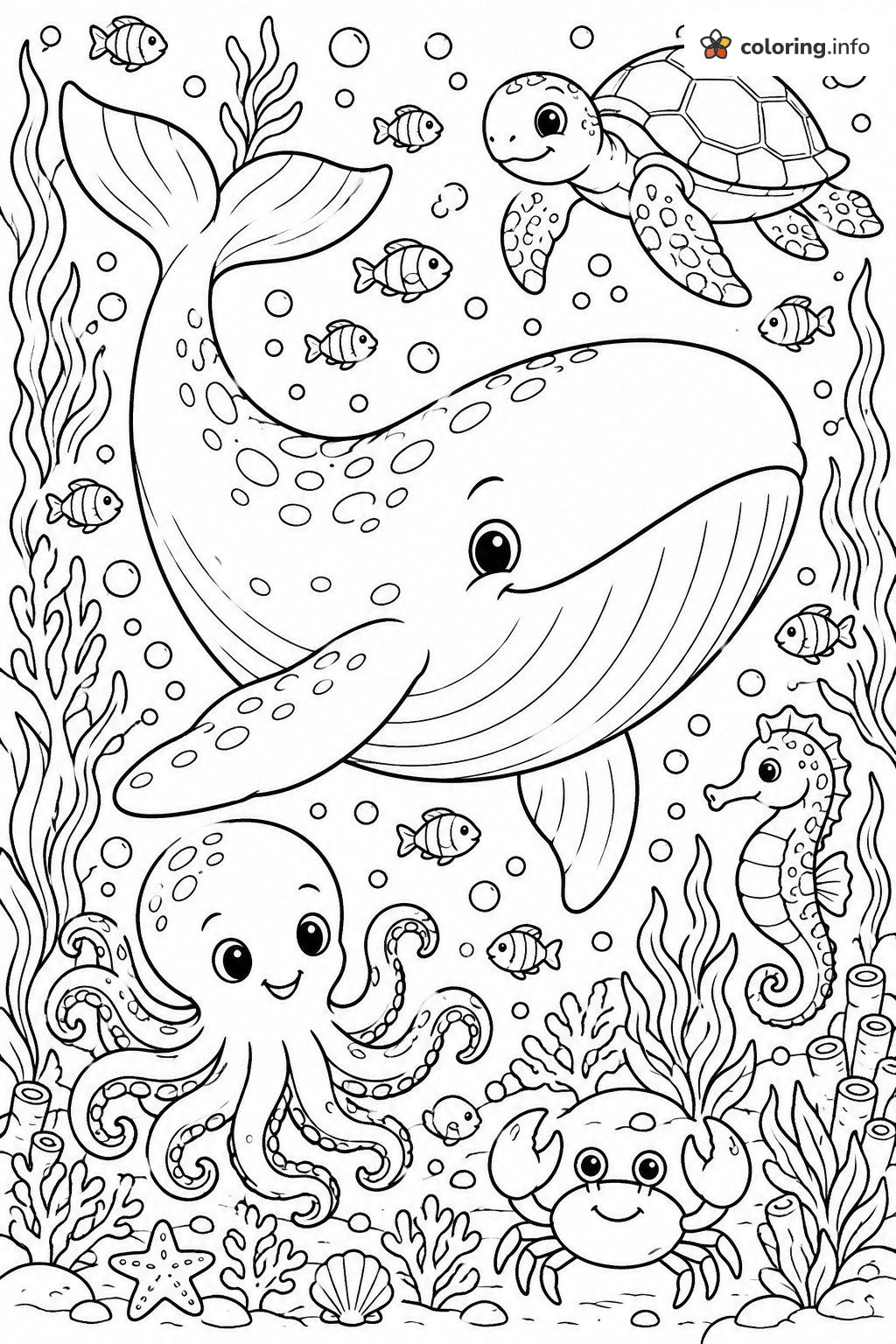 Big Whale With Turtle, Octopus, Seahorse and Crab coloring page Big Whale With Turtle, Octopus, Seahorse and Crab coloring page