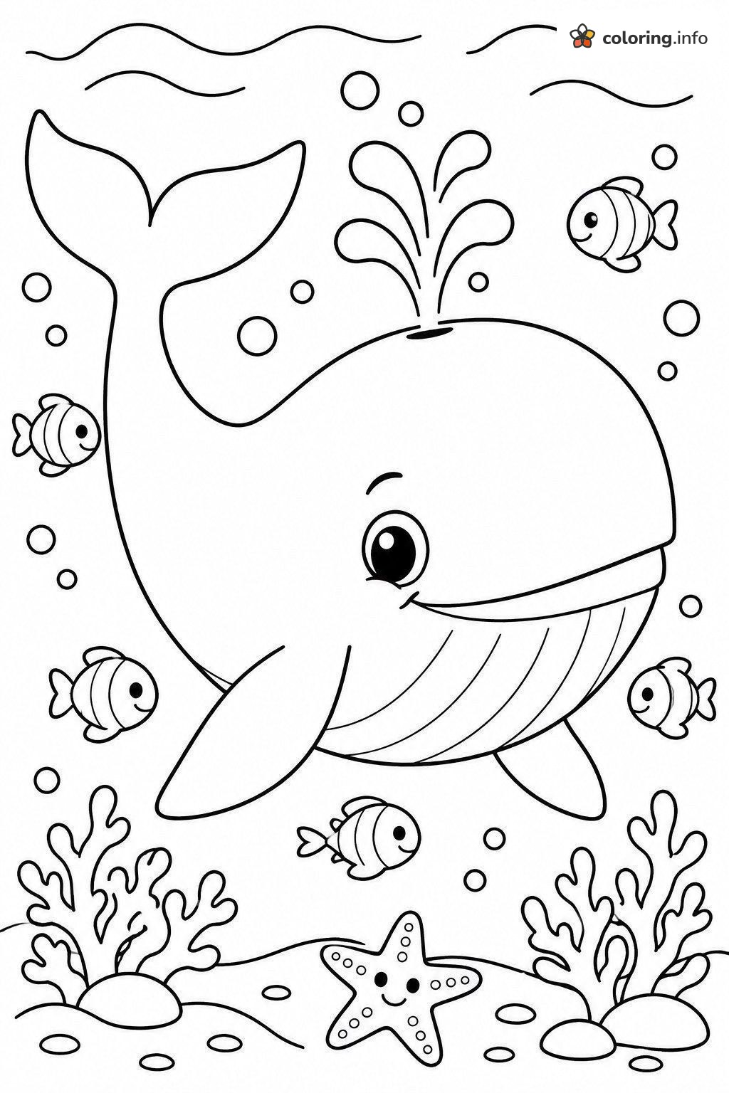 Underwater Whale Scene with Striped Fish and a Starfish coloring page Underwater Whale Scene with Striped Fish and a Starfish coloring page