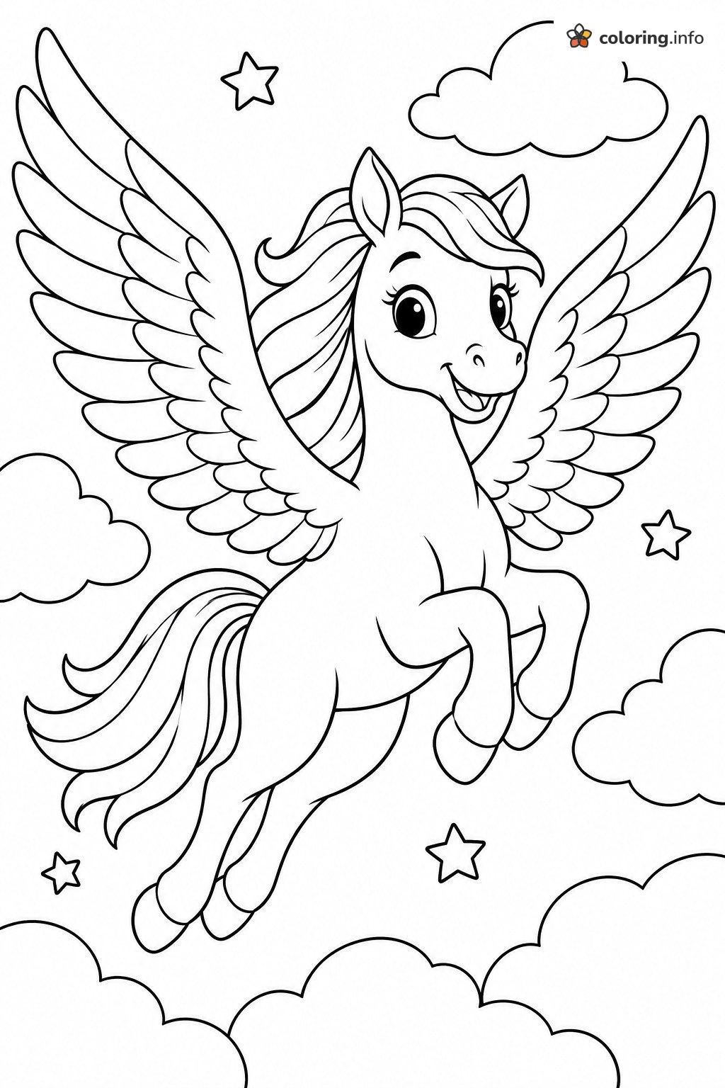 Flying Winged Horse Smiling Among Starry Clouds printable coloring page Flying Winged Horse Smiling Among Starry Clouds printable coloring page