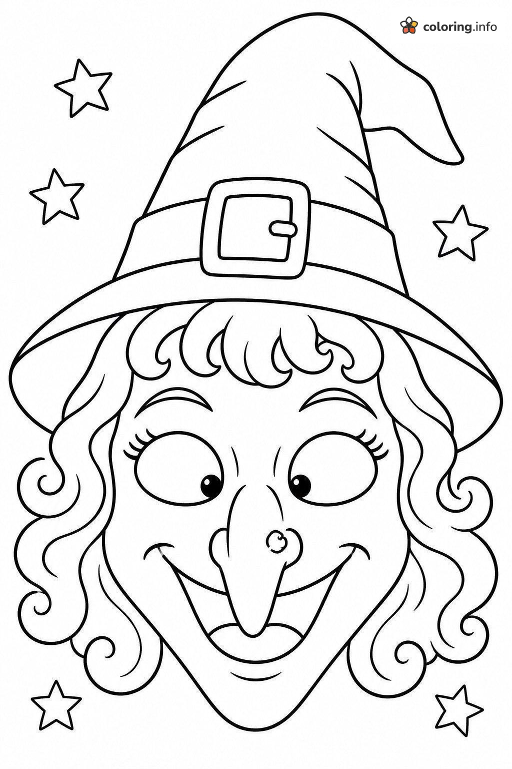 Witch Halloween Mask with Pointy Hat and Floating Stars coloring page Witch Halloween Mask with Pointy Hat and Floating Stars coloring page