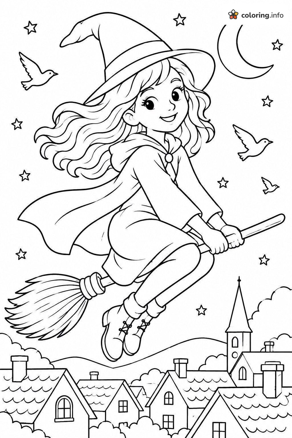 Witch on a Broomstick Over the Village, a Descendants Page coloring sheet Witch on a Broomstick Over the Village, a Descendants Page coloring sheet