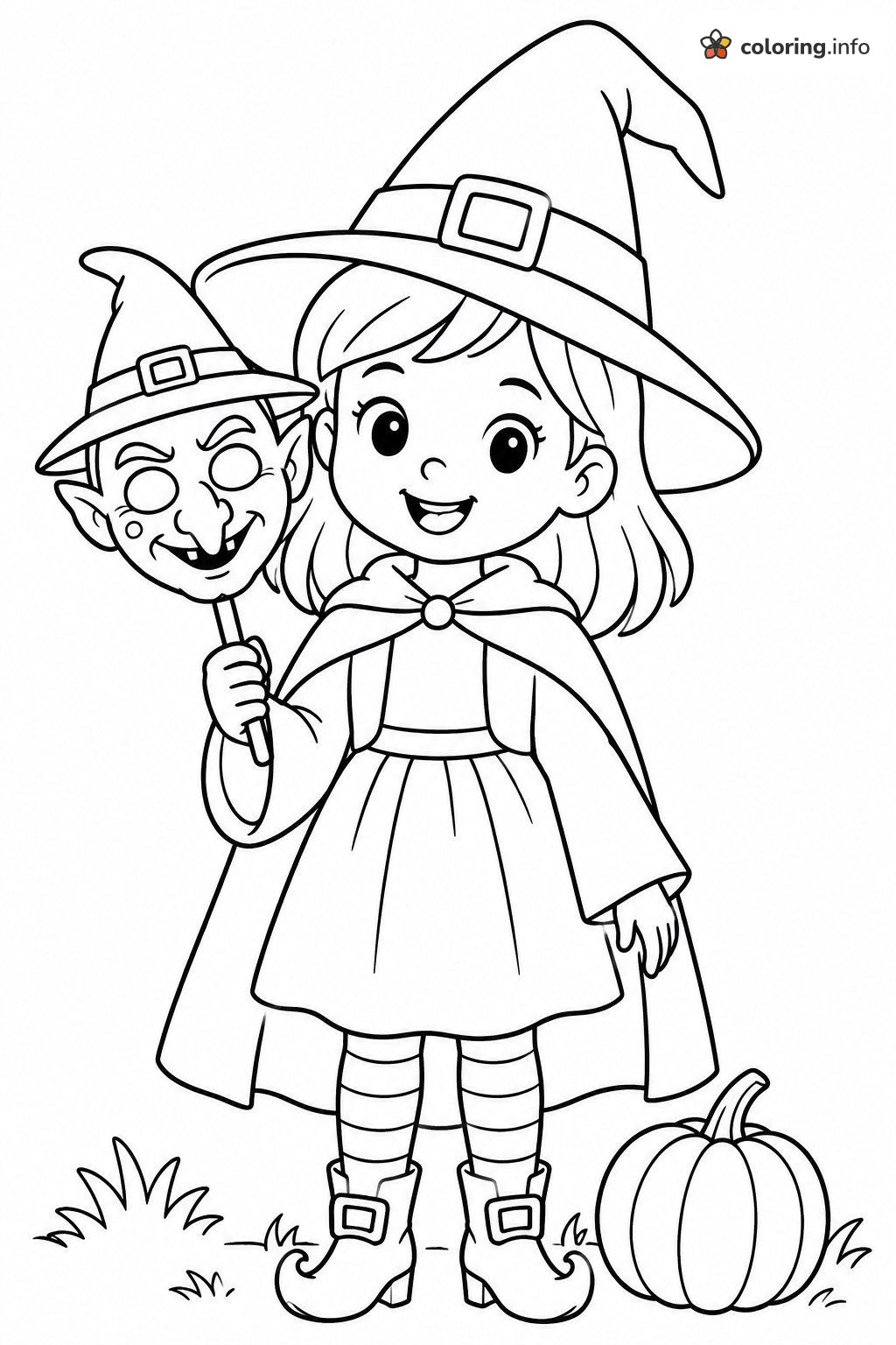 Little Witch Holding a Goblin Halloween Mask Next to a Pumpkin coloring page Little Witch Holding a Goblin Halloween Mask Next to a Pumpkin coloring page