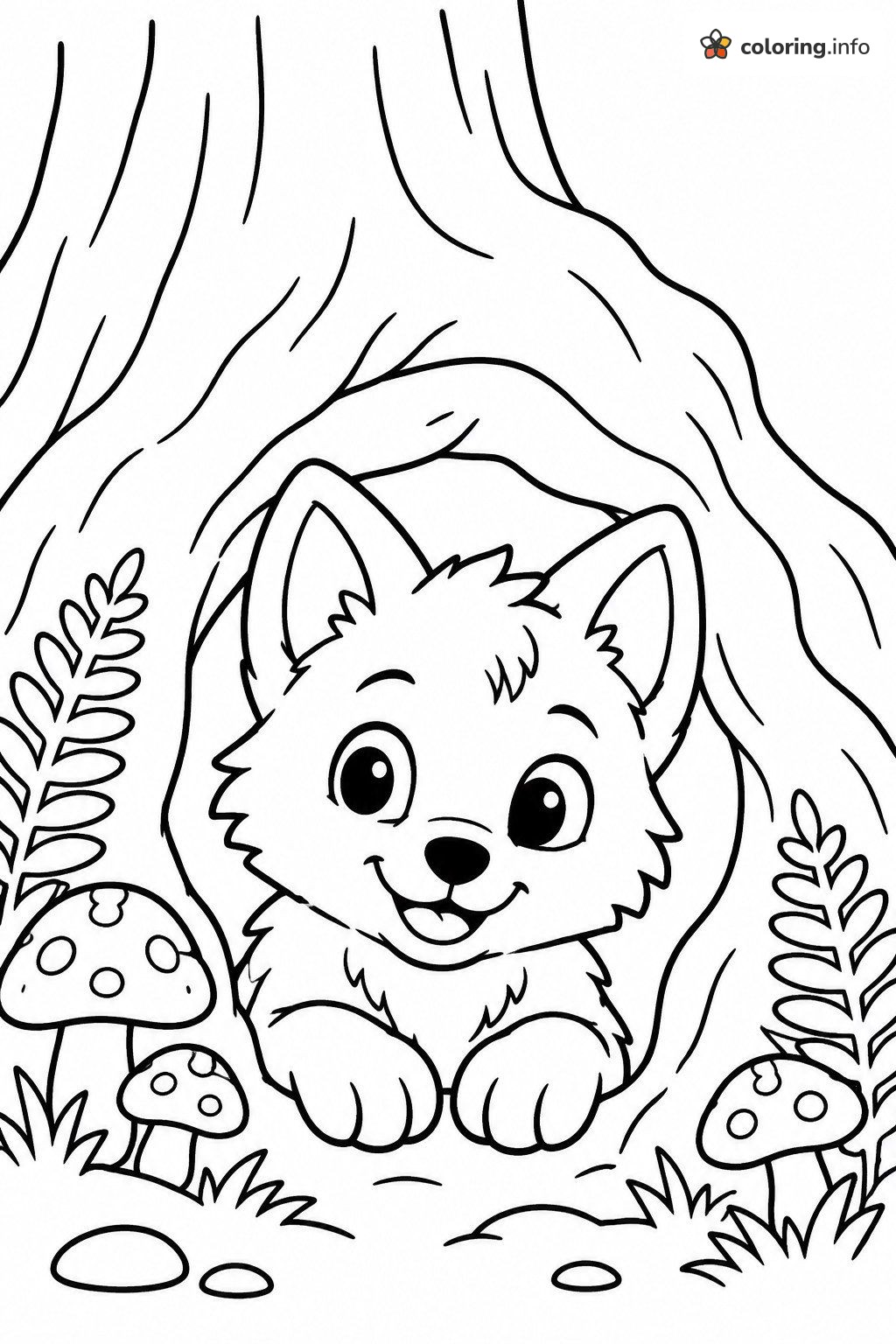 Wolf Pup Peeking From a Tree Hollow coloring page Wolf Pup Peeking From a Tree Hollow coloring page