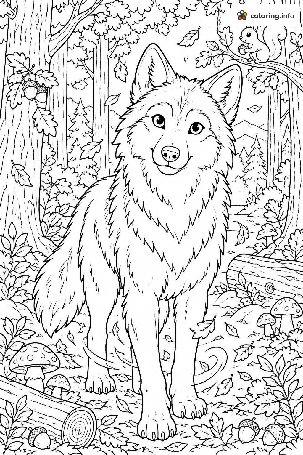 Friendly Autumn Forest Wolves Page with a Squirrel and Acorns coloring page Friendly Autumn Forest Wolves Page with a Squirrel and Acorns coloring page