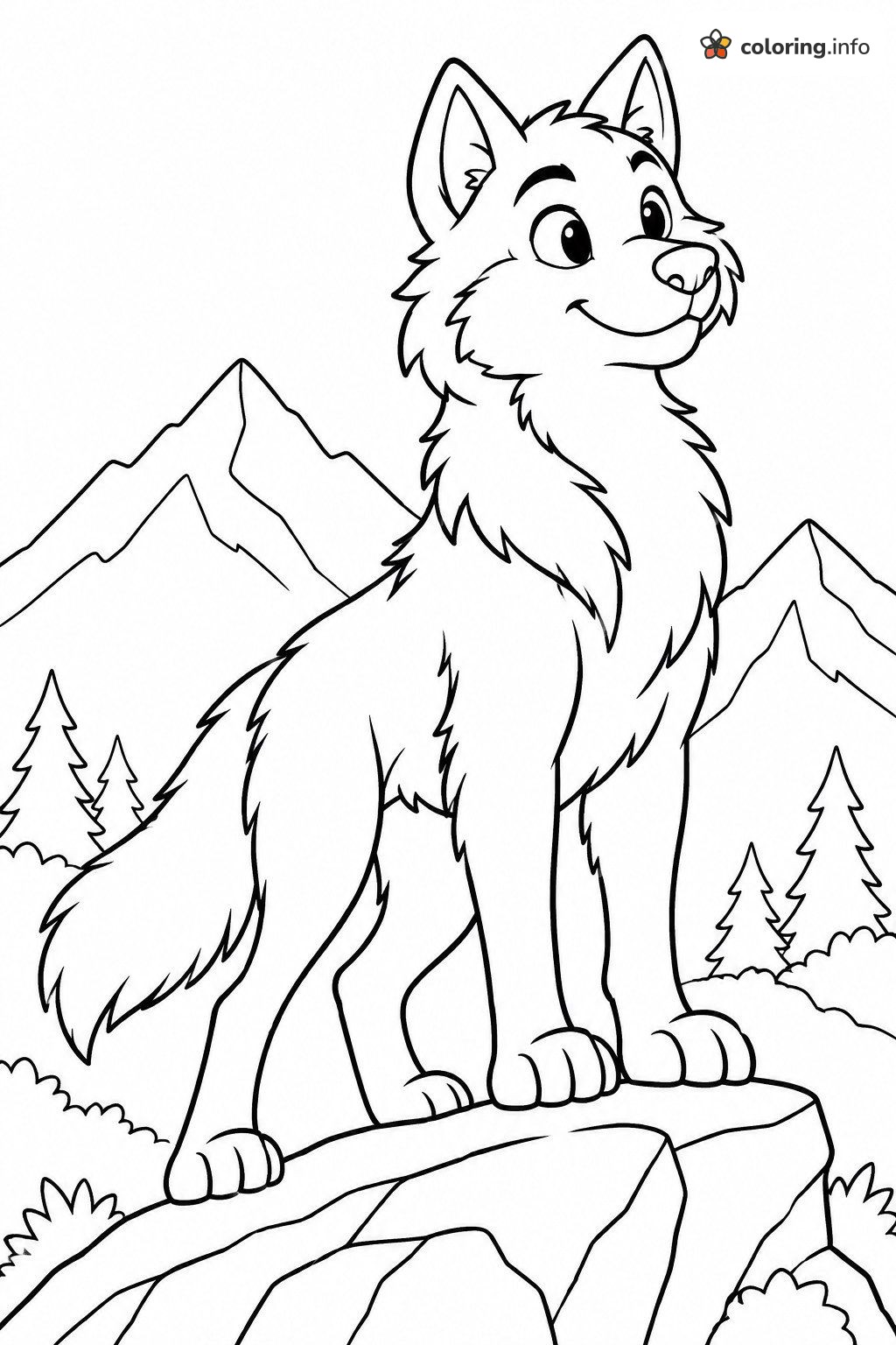 Happy Wolf on a Boulder With Mountains Behind coloring page Happy Wolf on a Boulder With Mountains Behind coloring page