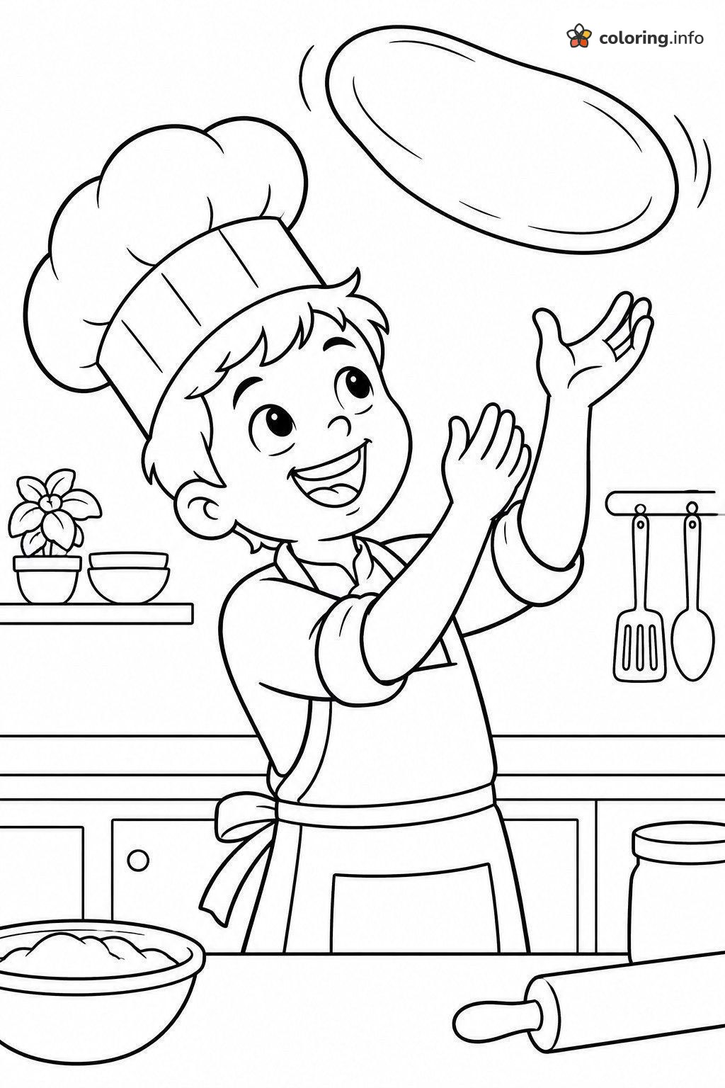 Young Chef Tossing Pizza Dough Up High printable coloring page Young Chef Tossing Pizza Dough Up High printable coloring page