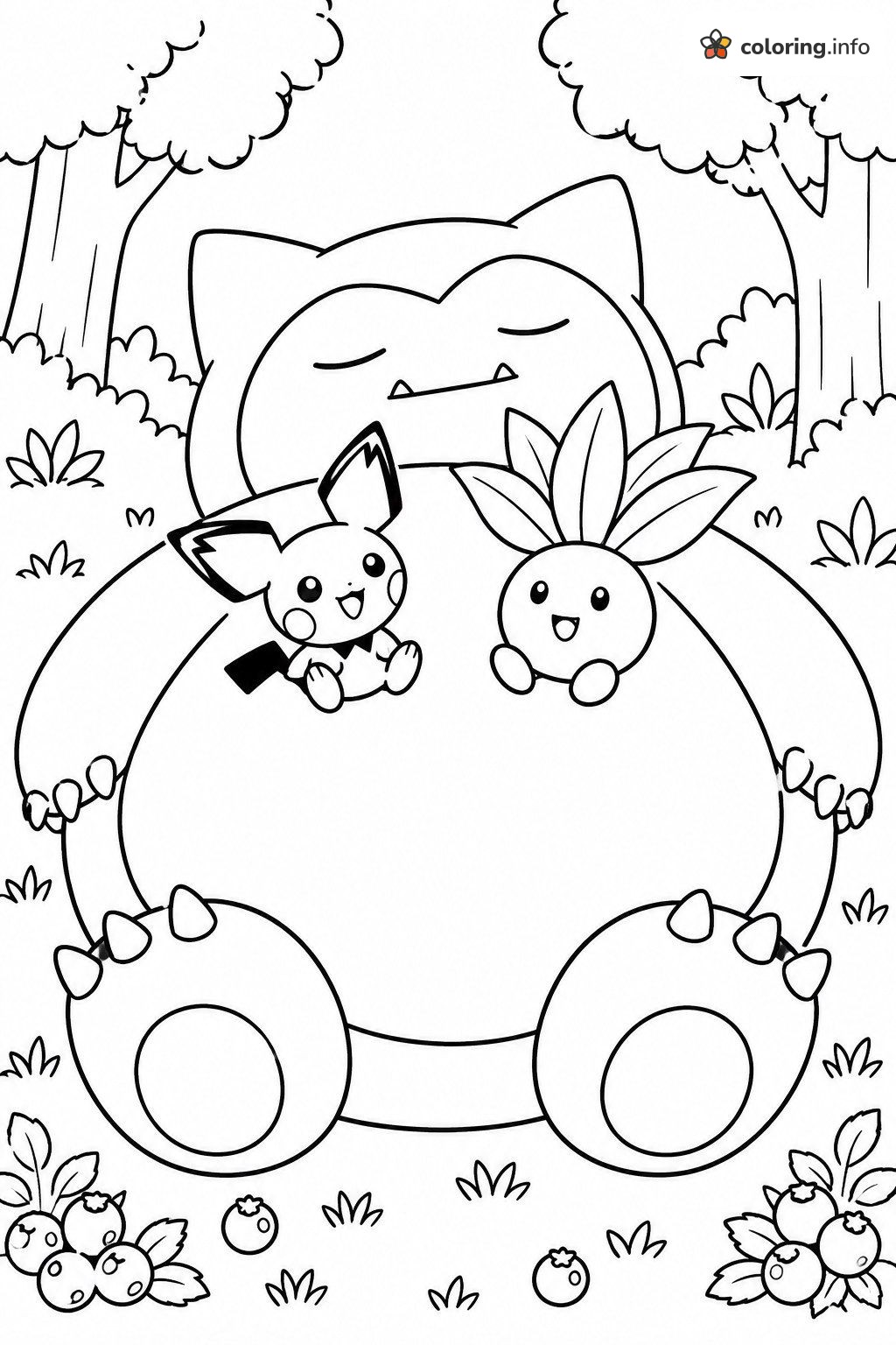 Snorlax Napping With Pichu and Oddish Pokémon coloring page Snorlax Napping With Pichu and Oddish Pokémon coloring page