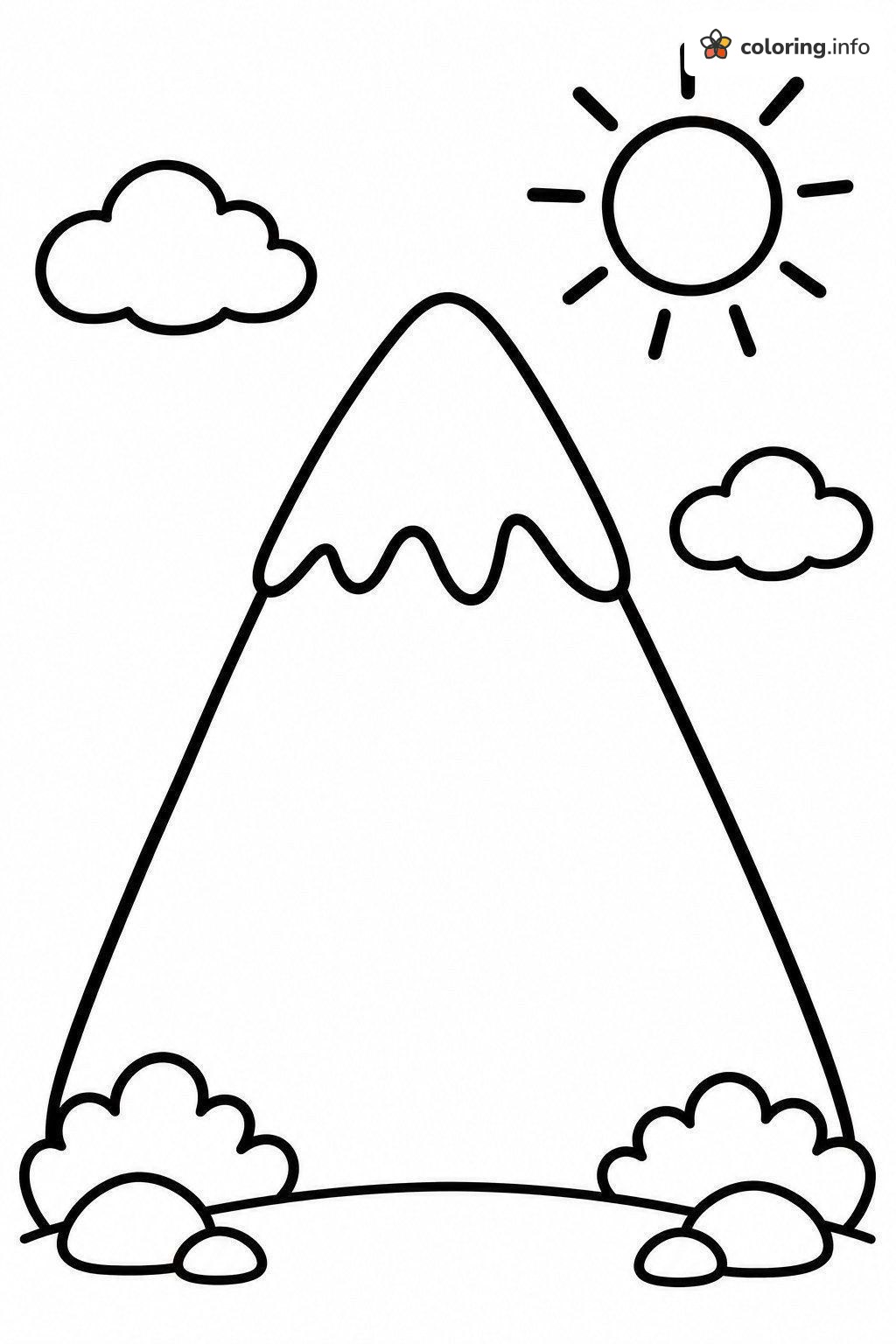 Big Mountain Peak with Snowy Cap and Leafy Bushes printable coloring page Big Mountain Peak with Snowy Cap and Leafy Bushes printable coloring page