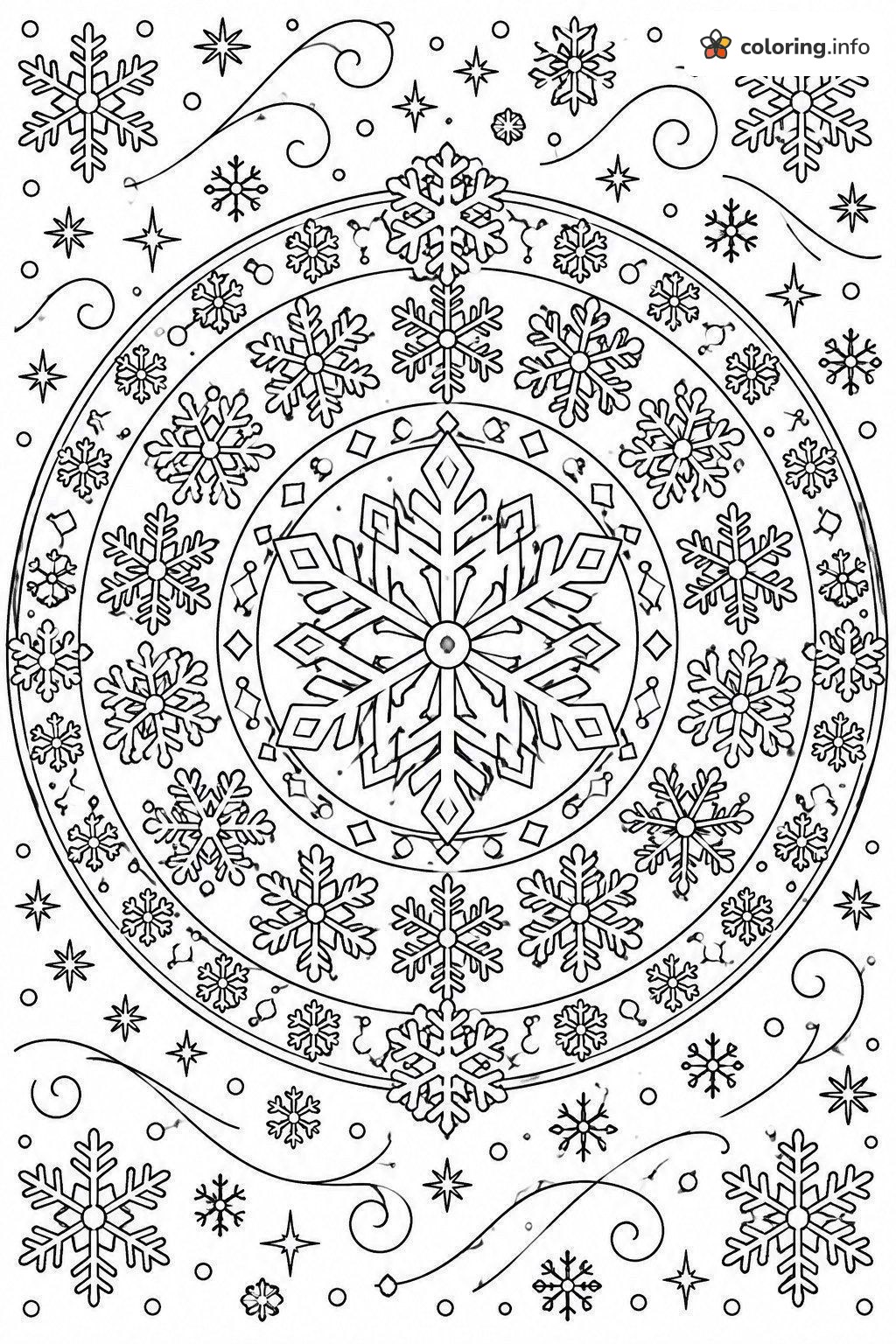Snowflake Mandala with Concentric Rings and Swirls coloring page Snowflake Mandala with Concentric Rings and Swirls coloring page