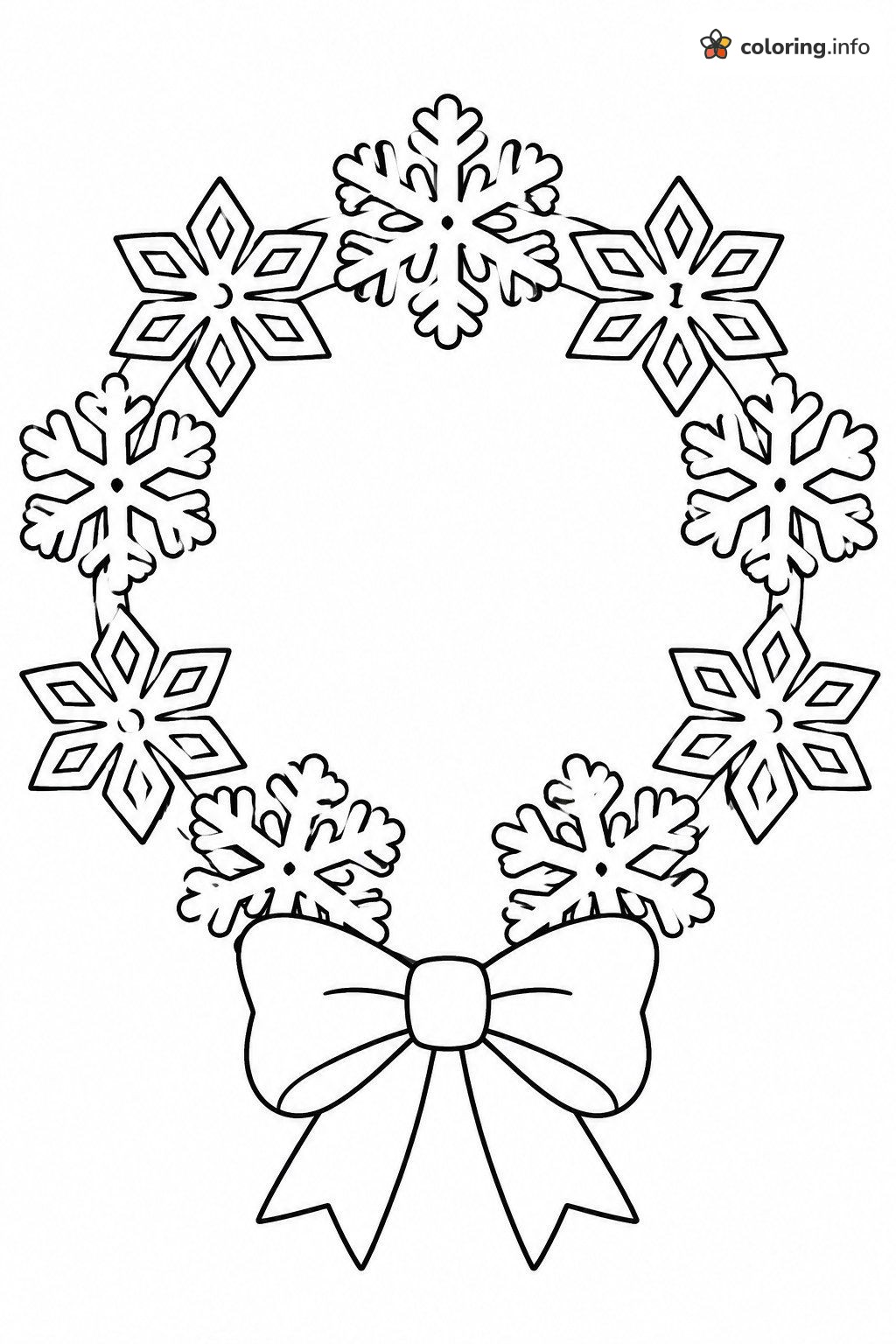 Round Wreath of Snowflakes and a Big Bow coloring sheet Round Wreath of Snowflakes and a Big Bow coloring sheet