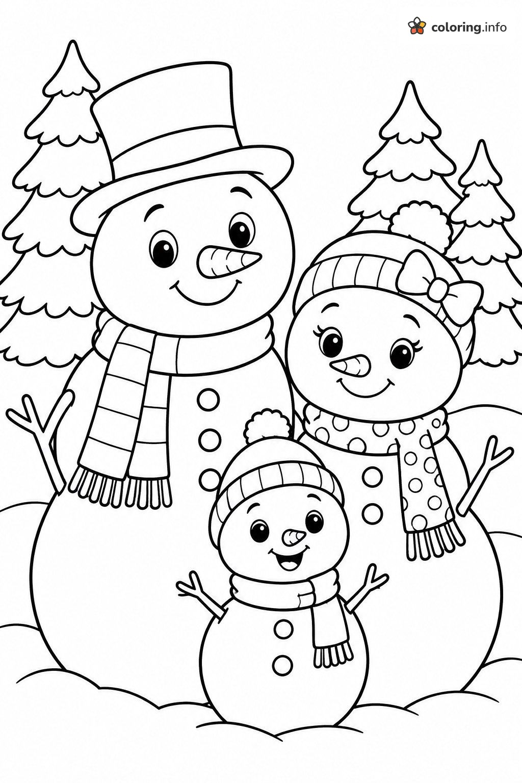 Snowman Family Under the Pine Trees coloring page Snowman Family Under the Pine Trees coloring page