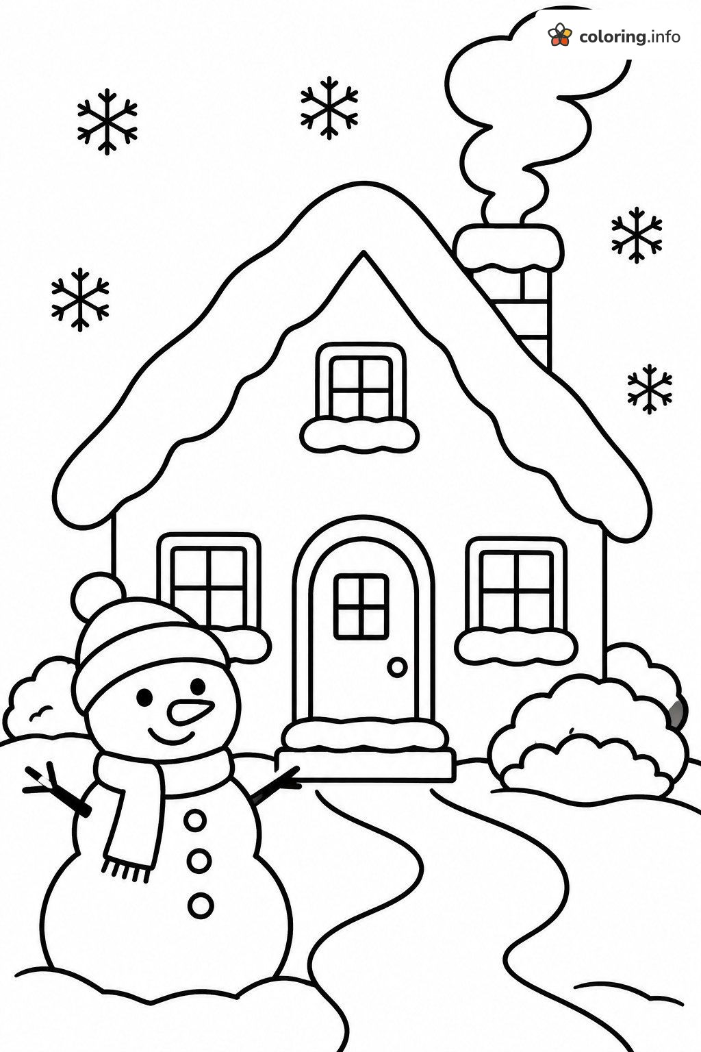 Snowy Cottage House With a Snowman and Smoking Chimney coloring page Snowy Cottage House With a Snowman and Smoking Chimney coloring page