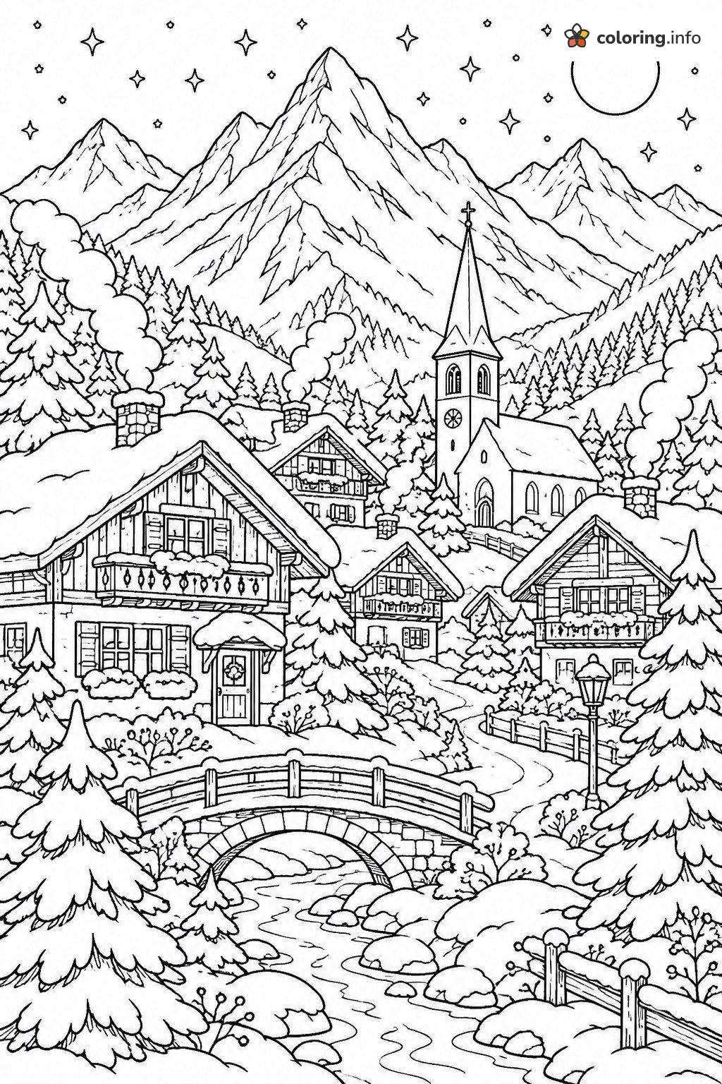 Snowy Alpine Village with Church and Stone Bridge, Color by Number (Adult) coloring page Snowy Alpine Village with Church and Stone Bridge, Color by Number (Adult) coloring page
