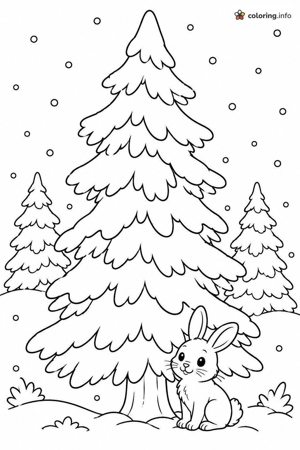 Bunny Sitting Under a Snowy Christmas Tree printable coloring page Bunny Sitting Under a Snowy Christmas Tree printable coloring page