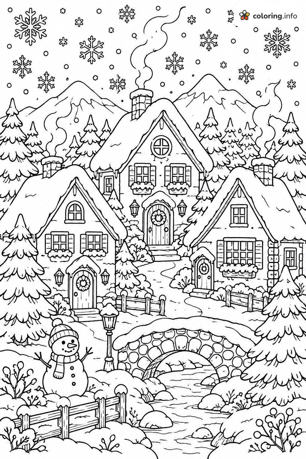 Snowy Cottages, Stone Bridge and Falling Snowflakes coloring page Snowy Cottages, Stone Bridge and Falling Snowflakes coloring page