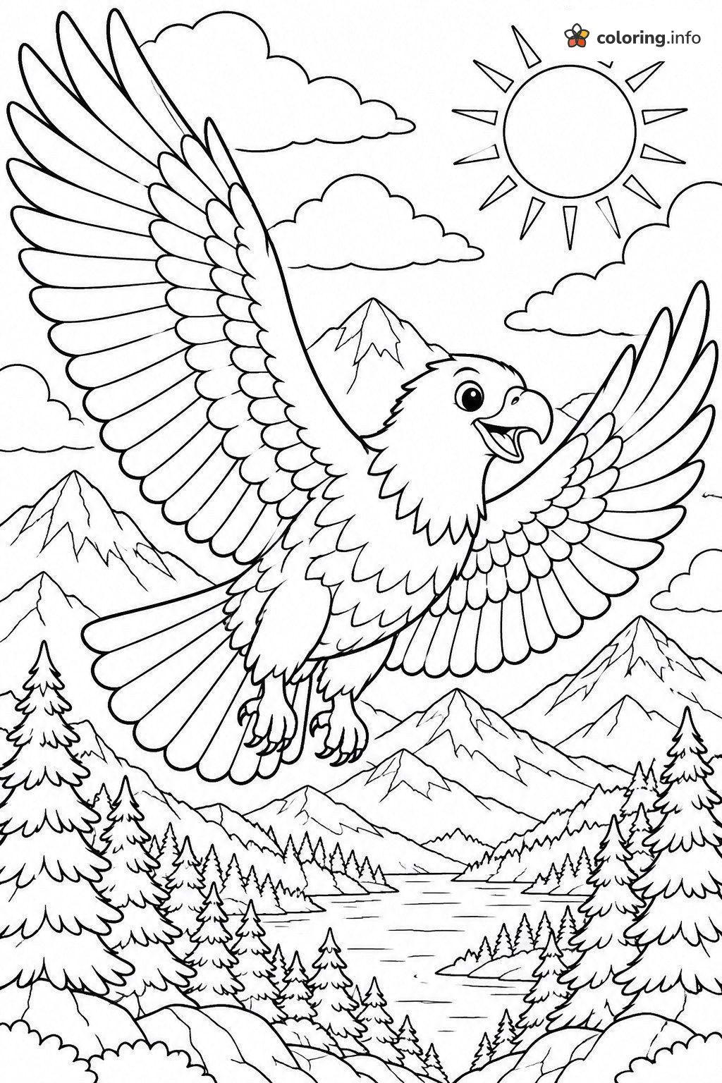 Eagle Soaring Above Snowy Mountains and a Pine-Lined Lake coloring page Eagle Soaring Above Snowy Mountains and a Pine-Lined Lake coloring page