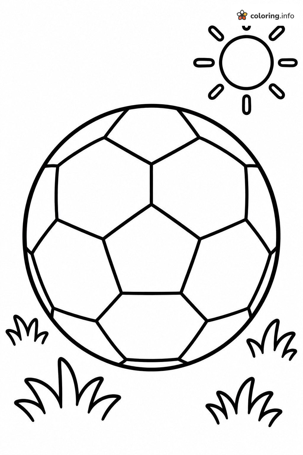 Big Soccer Ball with Grass and Sun: Sports Coloring Page Big Soccer Ball with Grass and Sun: Sports Coloring Page