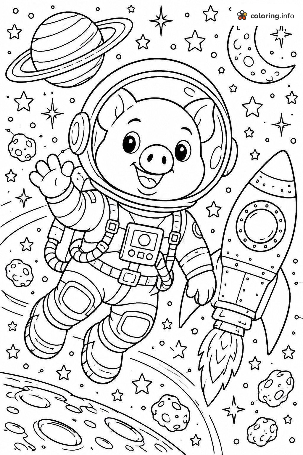Astronaut Pig Waving Next to a Rocket coloring page Astronaut Pig Waving Next to a Rocket coloring page