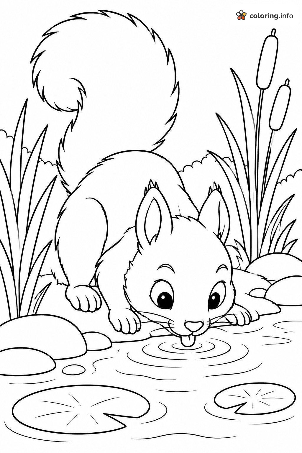 Thirsty Squirrel Crouching by a Lily Pad Pond coloring page Thirsty Squirrel Crouching by a Lily Pad Pond coloring page