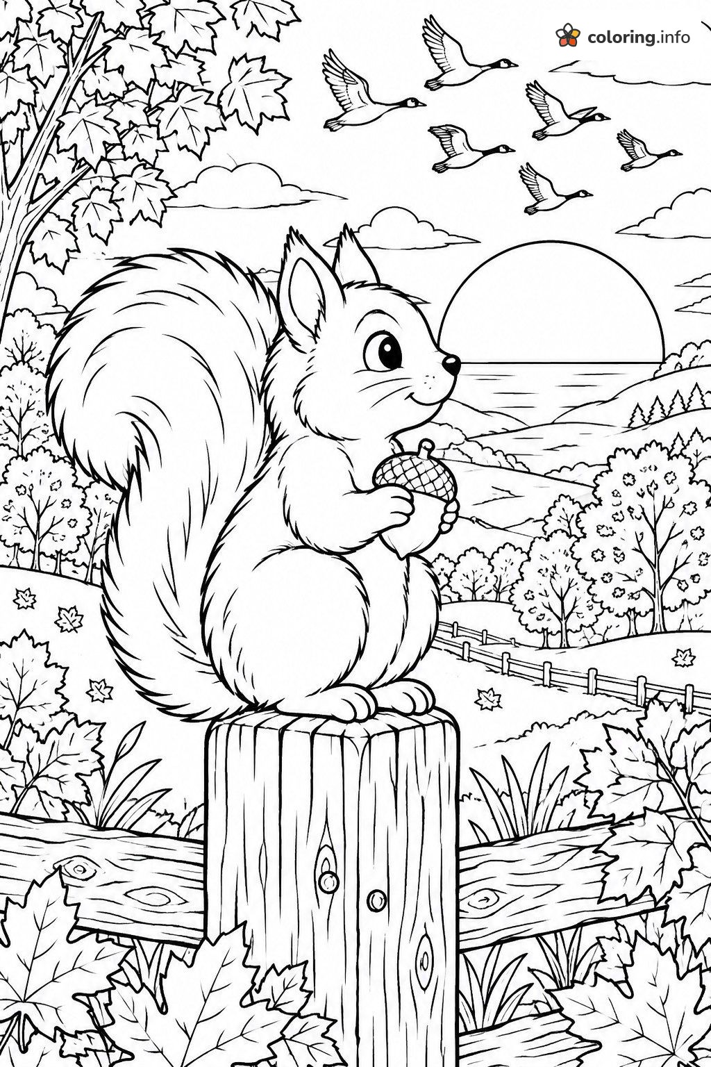Sunset Squirrel on a Fence Post with an Acorn coloring page Sunset Squirrel on a Fence Post with an Acorn coloring page