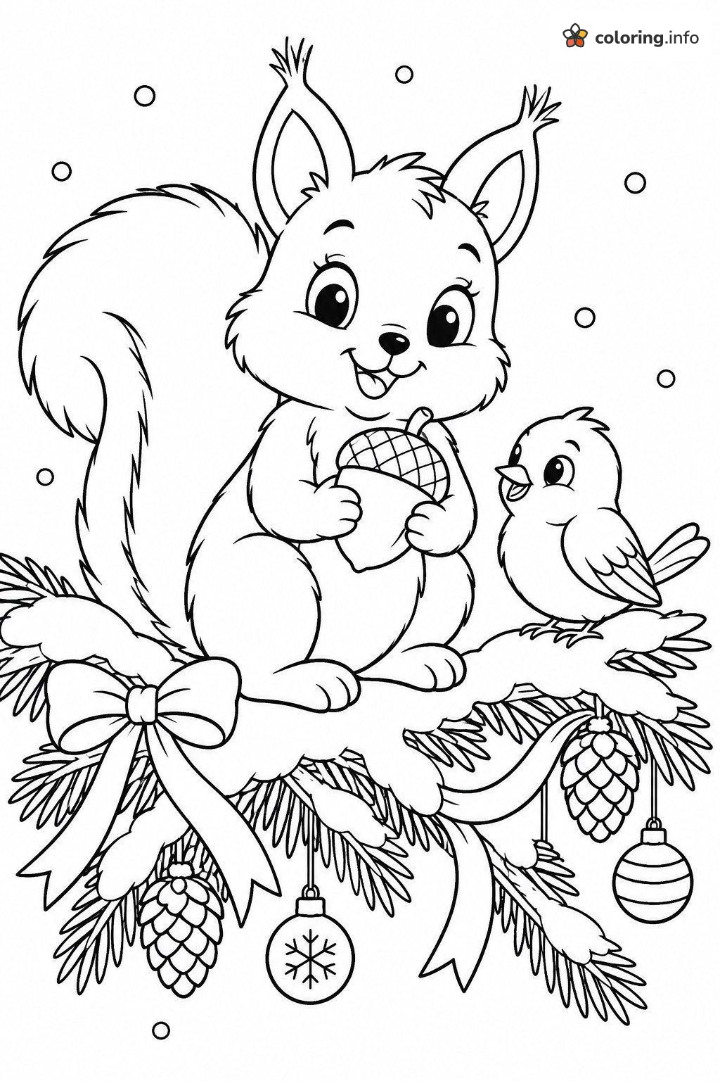 Christmas for Kids: Squirrel With an Acorn and a Little Bird coloring page Christmas for Kids: Squirrel With an Acorn and a Little Bird coloring page