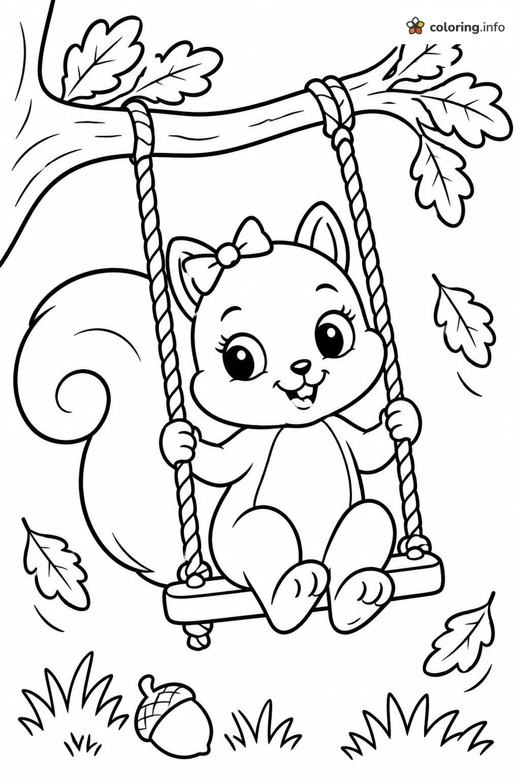 Squirrel Girl on an Oak Branch Swing: Calico Critters Page printable coloring page Squirrel Girl on an Oak Branch Swing: Calico Critters Page printable coloring page