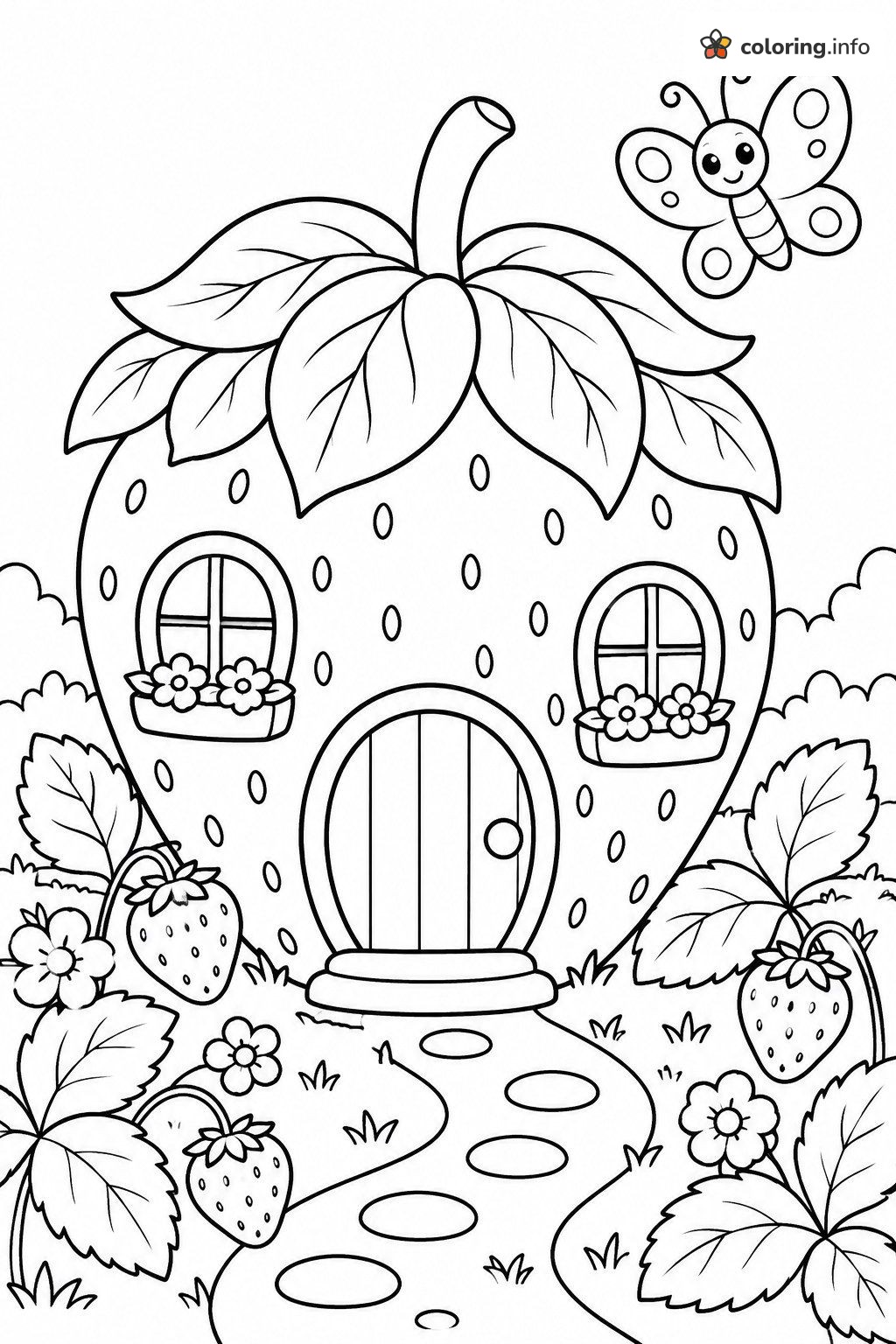 Strawberry Fruit House with a Butterfly and Garden Path coloring page Strawberry Fruit House with a Butterfly and Garden Path coloring page