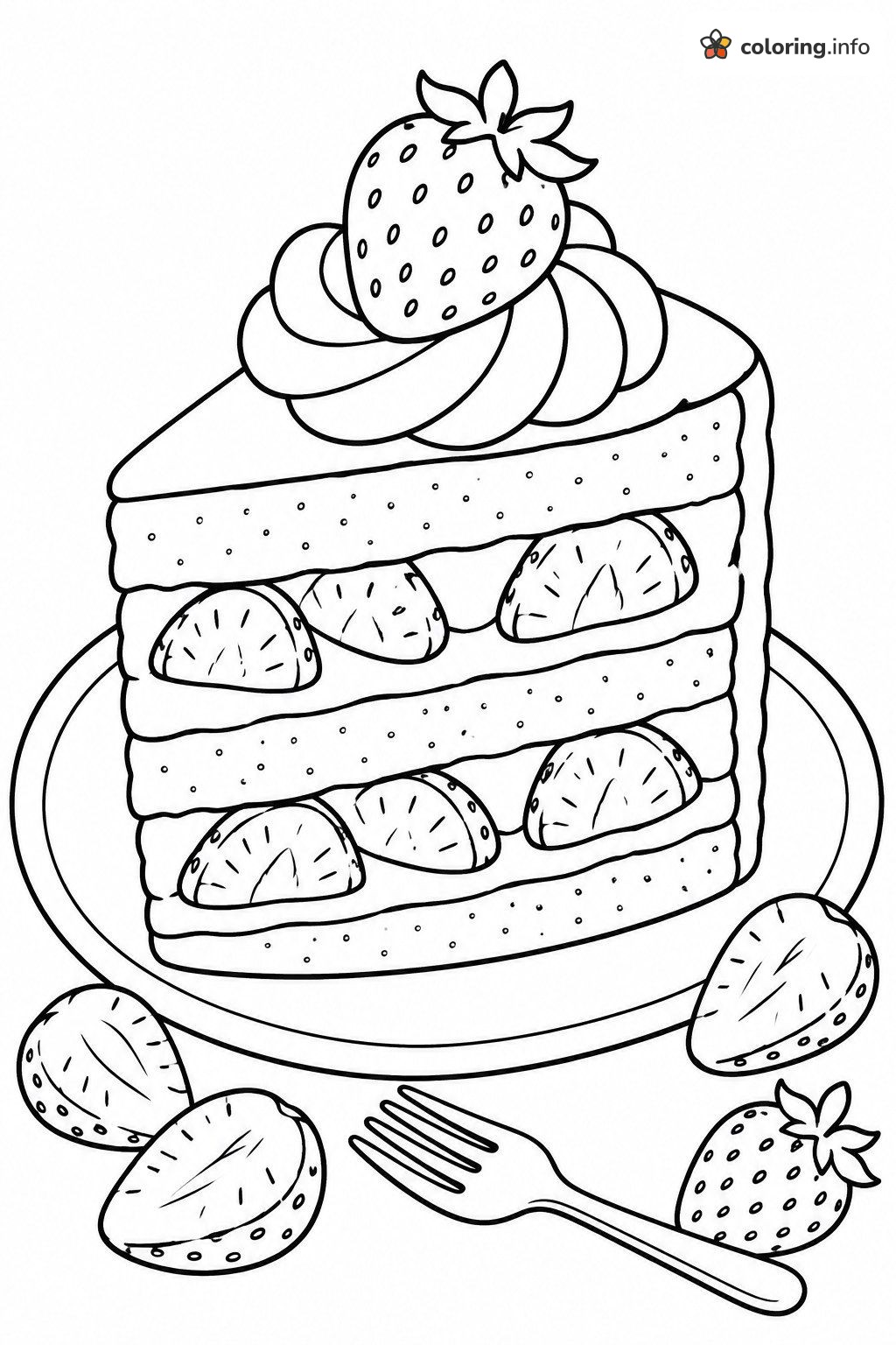 Layered Strawberry Shortcake on a Plate with Fork coloring page Layered Strawberry Shortcake on a Plate with Fork coloring page