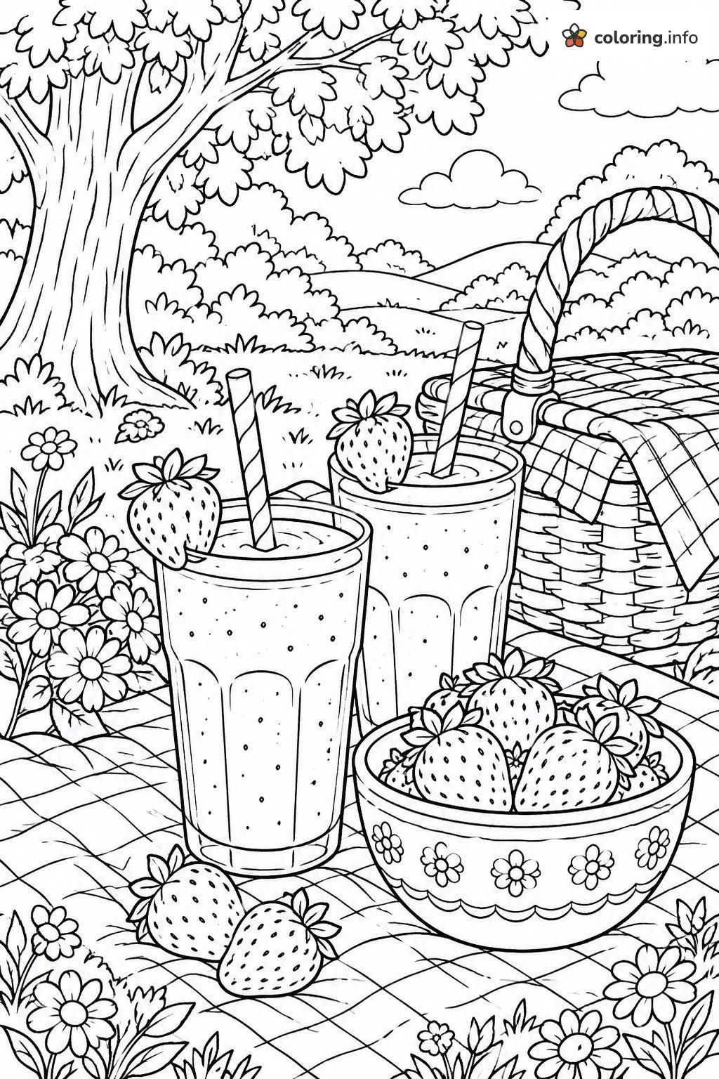 Picnic Under a Tree with Strawberry Smoothies coloring page Picnic Under a Tree with Strawberry Smoothies coloring page