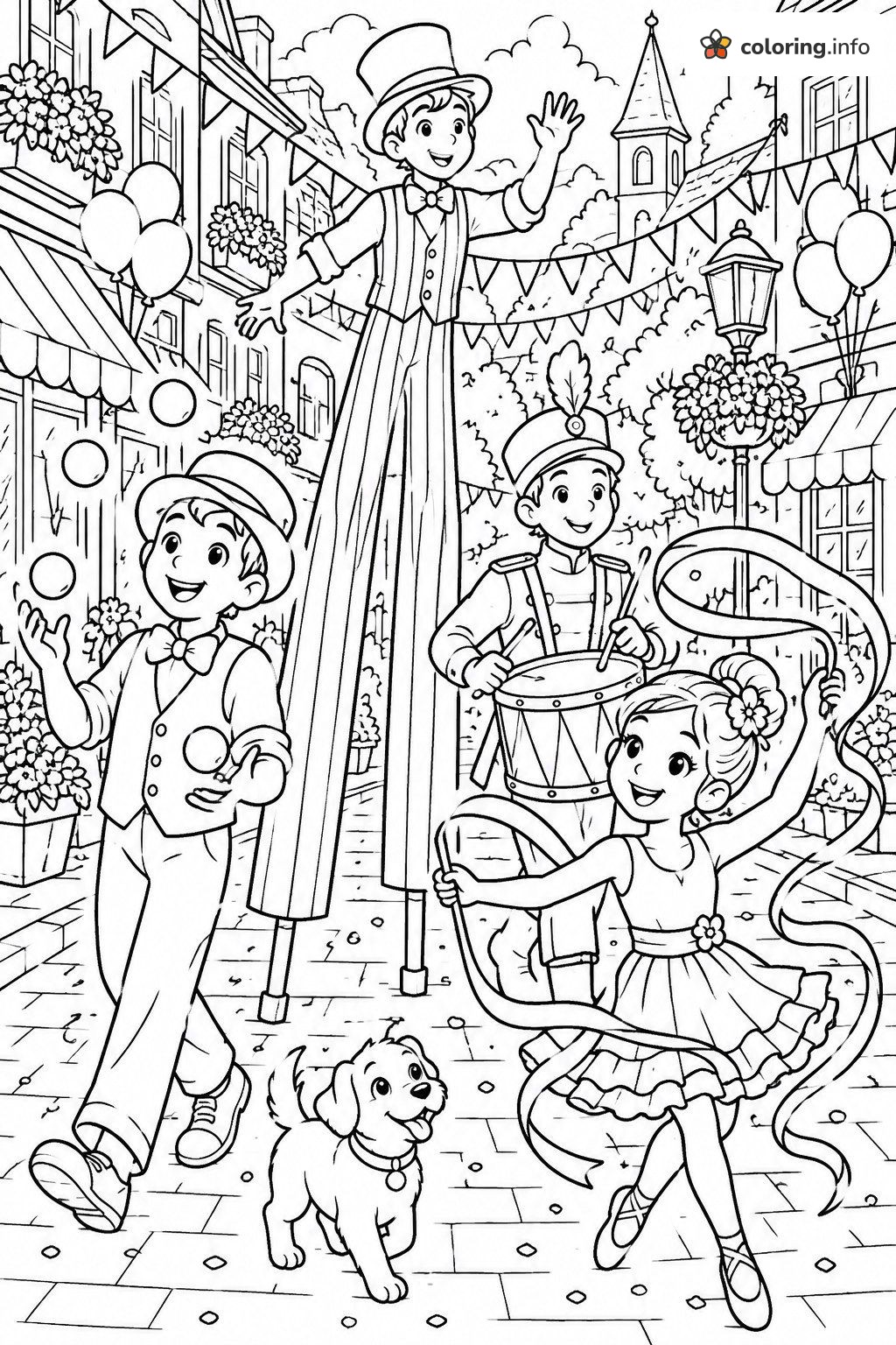 Street Parade Stilt Walker and Drummer, The Greatest Showman coloring page Street Parade Stilt Walker and Drummer, The Greatest Showman coloring page