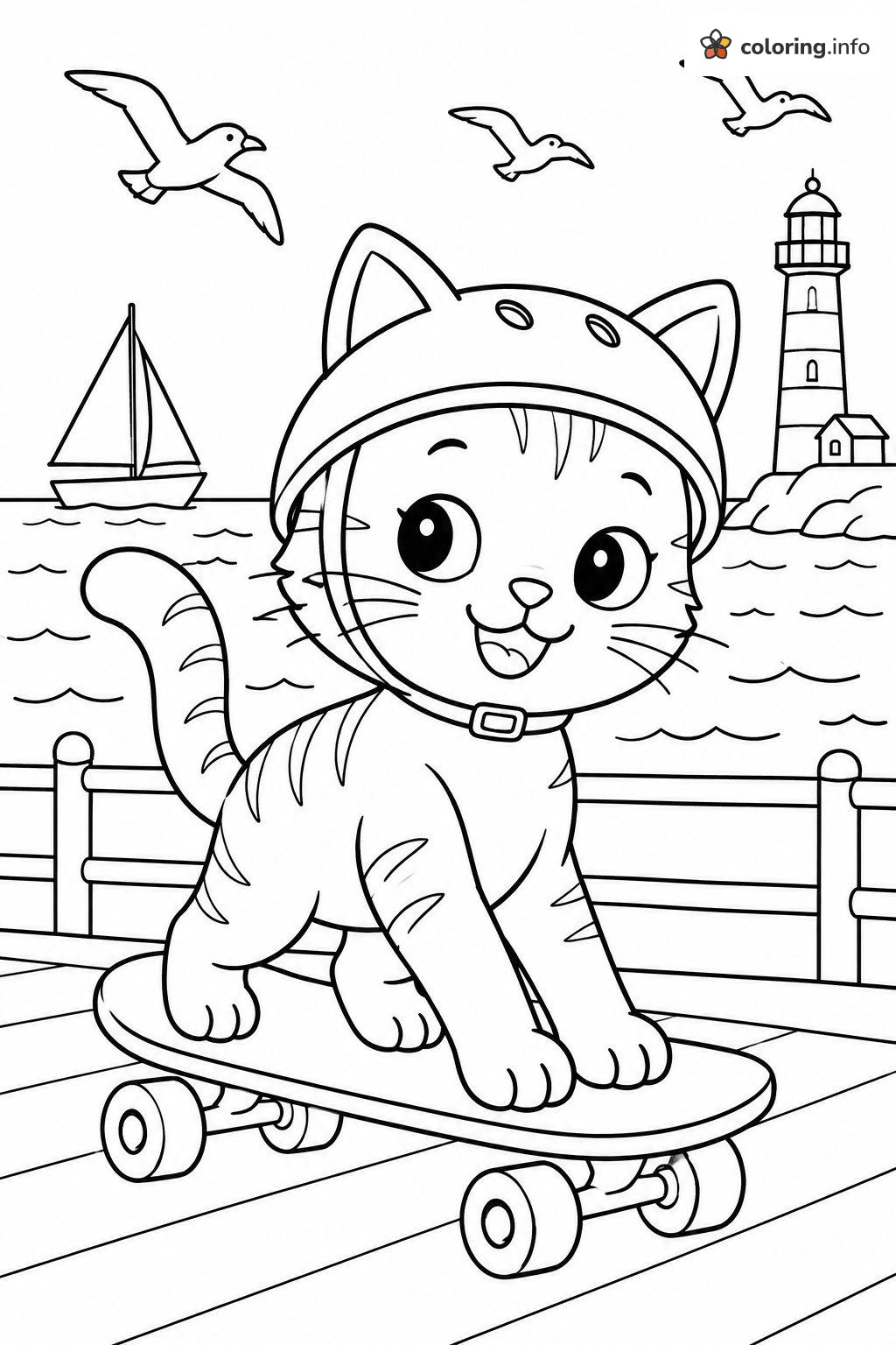 Tabby Kitten Skateboarding on a Seaside Pier coloring page Tabby Kitten Skateboarding on a Seaside Pier coloring page