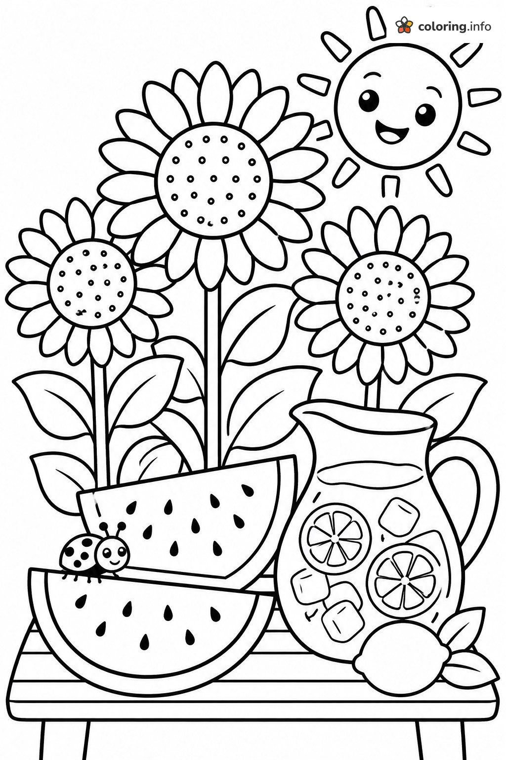 Summer Calendar Picnic with Sunflowers, Watermelon and Lemonade printable coloring page Summer Calendar Picnic with Sunflowers, Watermelon and Lemonade printable coloring page