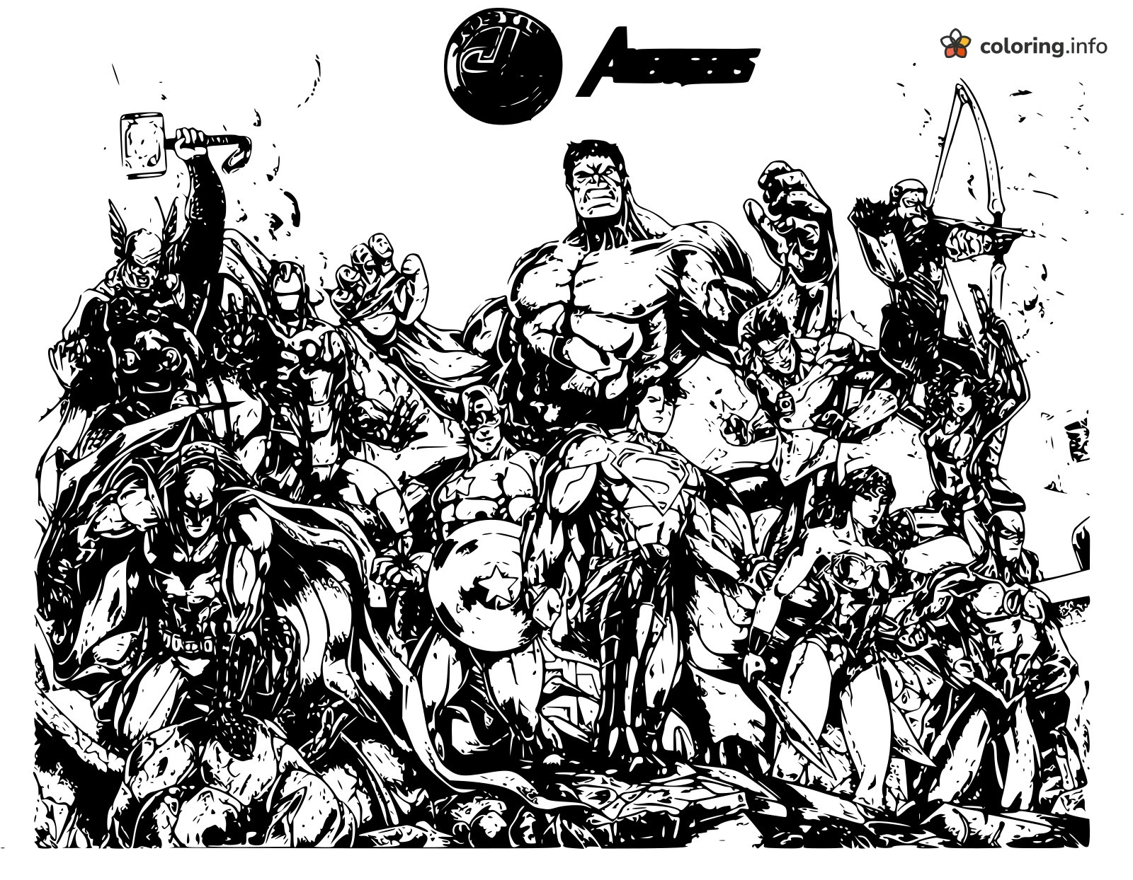 Superhero Lineup With Avengers, Superman and Batman on Rocky Ground coloring page Superhero Lineup With Avengers, Superman and Batman on Rocky Ground coloring page