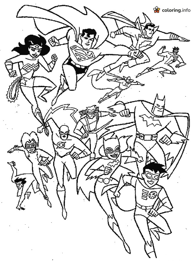 Twelve Heroes Rush Forward With Superman Up Top printable coloring page Twelve Heroes Rush Forward With Superman Up Top printable coloring page