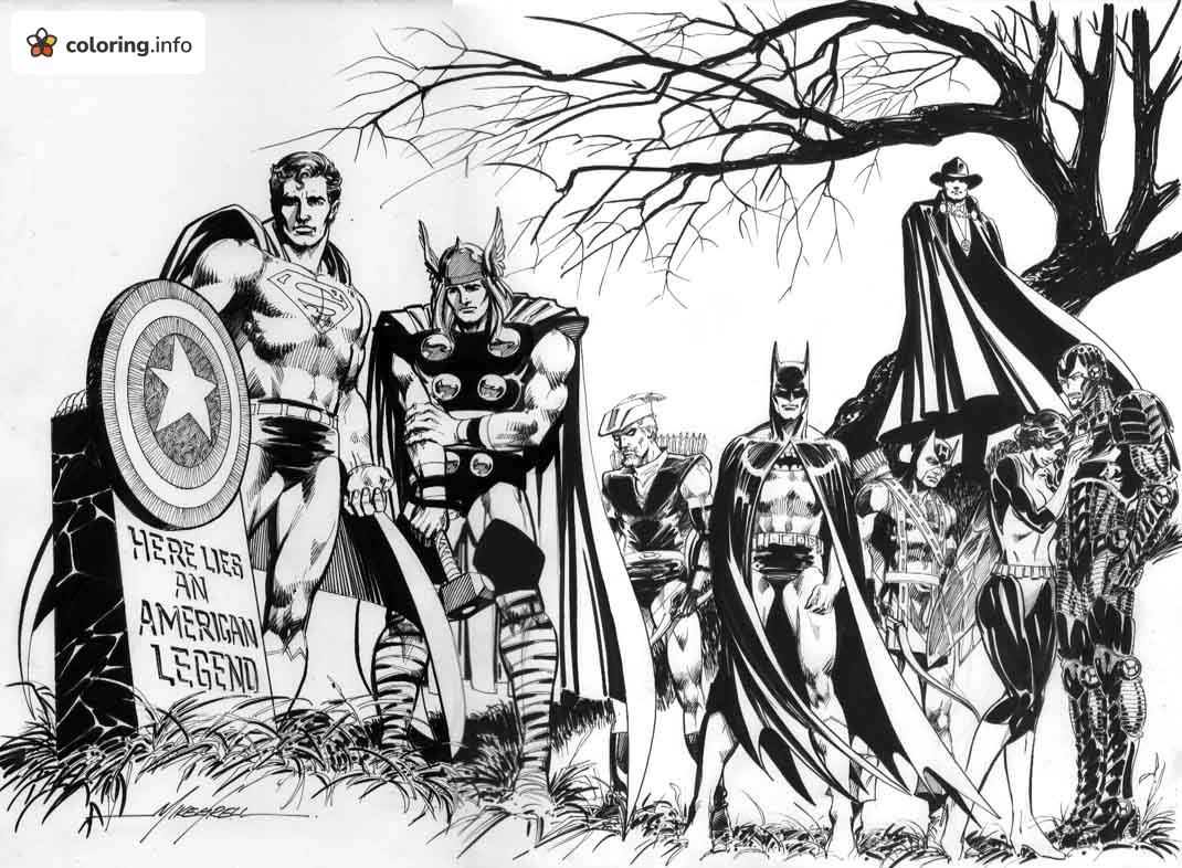 Superman, Thor and Batman at Avengers Gravestone coloring sheet Superman, Thor and Batman at Avengers Gravestone coloring sheet