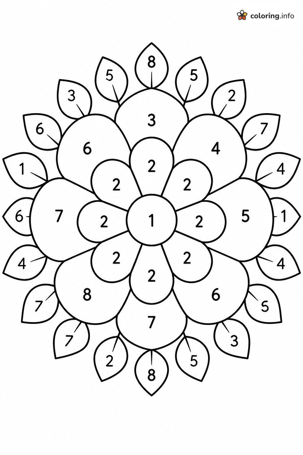 Flower Mandala With Leaf Border, Color by Number (Adult) coloring sheet Flower Mandala With Leaf Border, Color by Number (Adult) coloring sheet