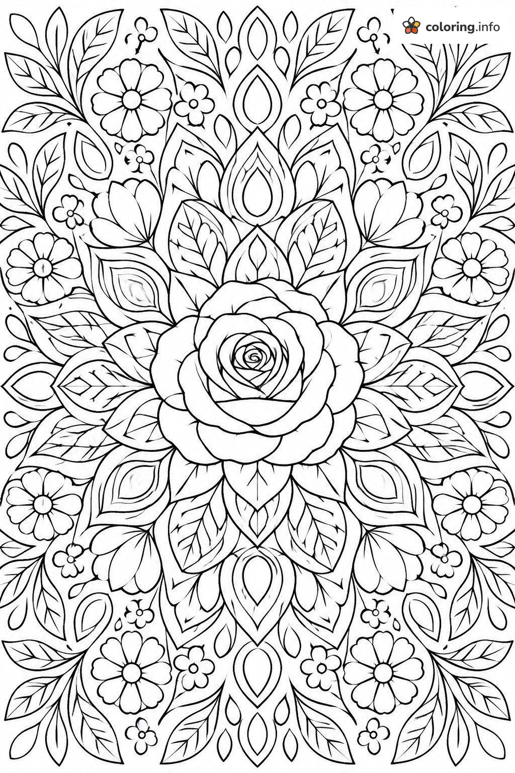 Rose Mandala with Leaves and Flowers: Aesthetic Symmetry coloring page Rose Mandala with Leaves and Flowers: Aesthetic Symmetry coloring page