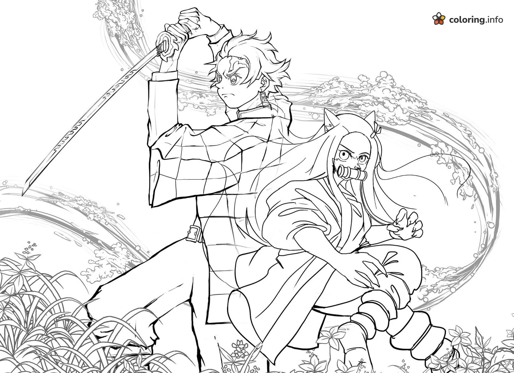 Water Swirls Around Tanjiro and Nezuko, Demon Slayer coloring sheet Water Swirls Around Tanjiro and Nezuko, Demon Slayer coloring sheet